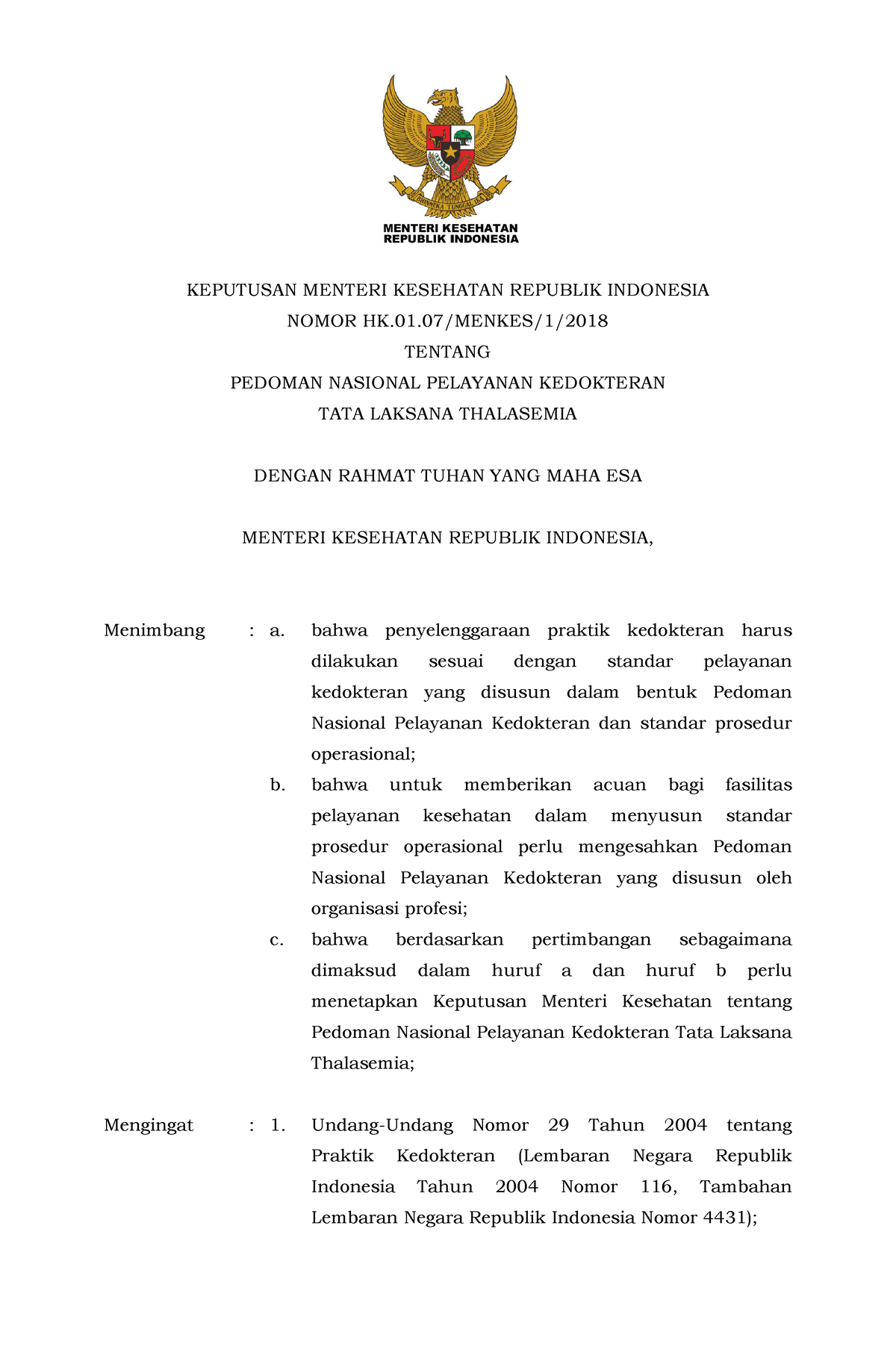 KMK No. HK - KMK - KEPUTUSAN MENTERI KESEHATAN REPUBLIK INDONESIA NOMOR ...