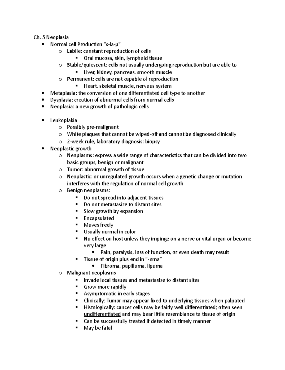 Ch 5:13 Study Guide- Oral Pathology - Ch. 5 Neoplasia Normal Cell 