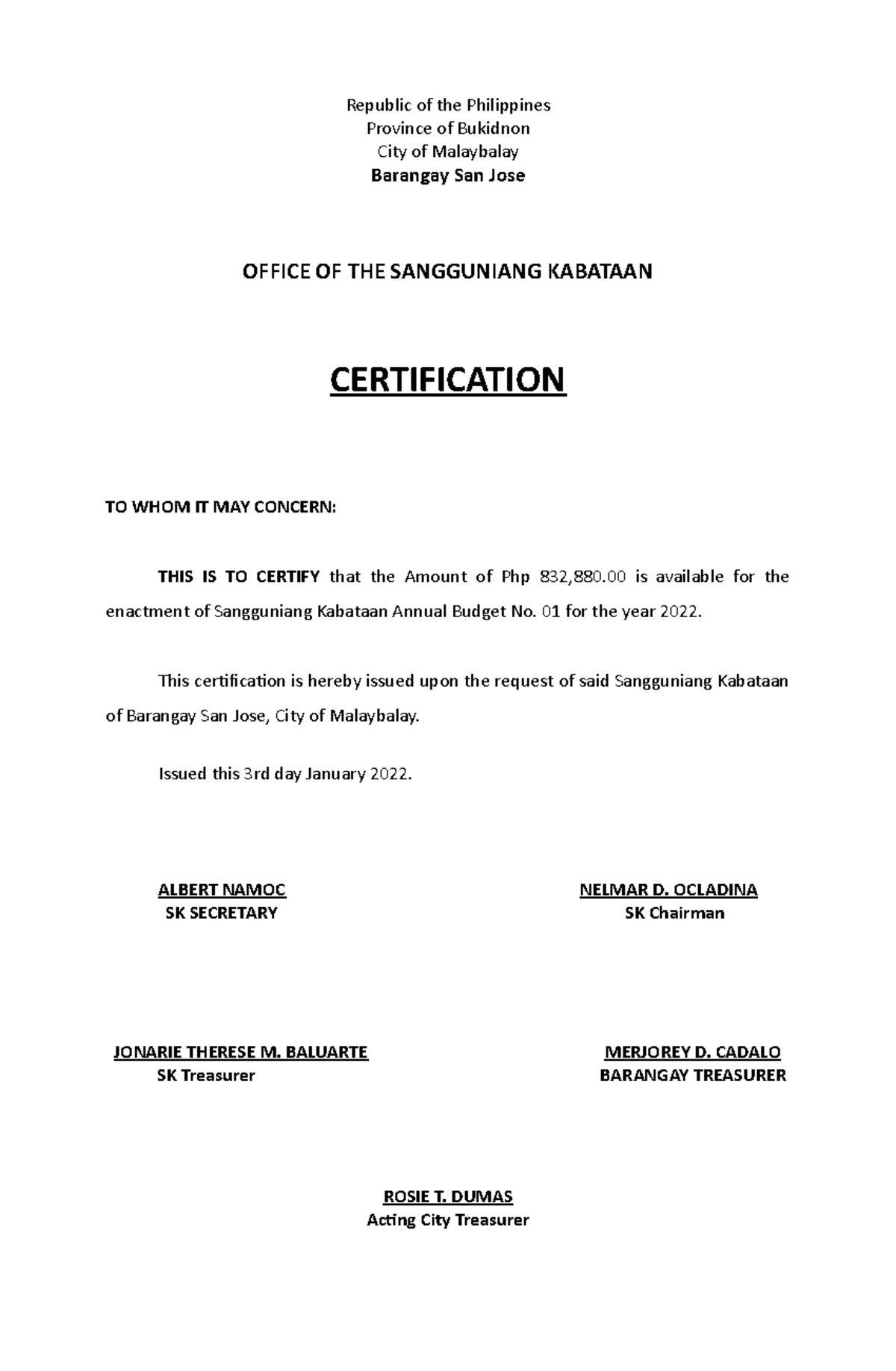 Sk annual 2022 plan Final - Republic of the Philippines Province of ...