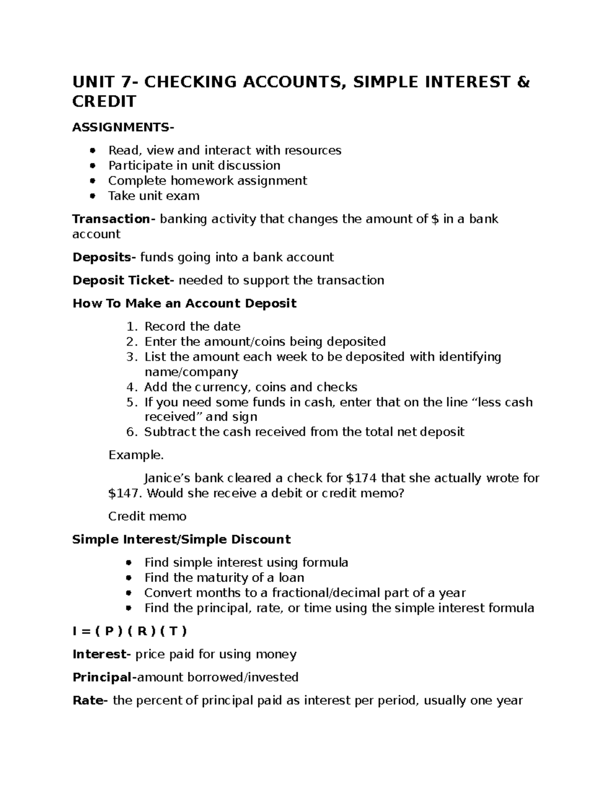 UNIT 7- checking account, simple interest, and credit - UNIT 7 ...
