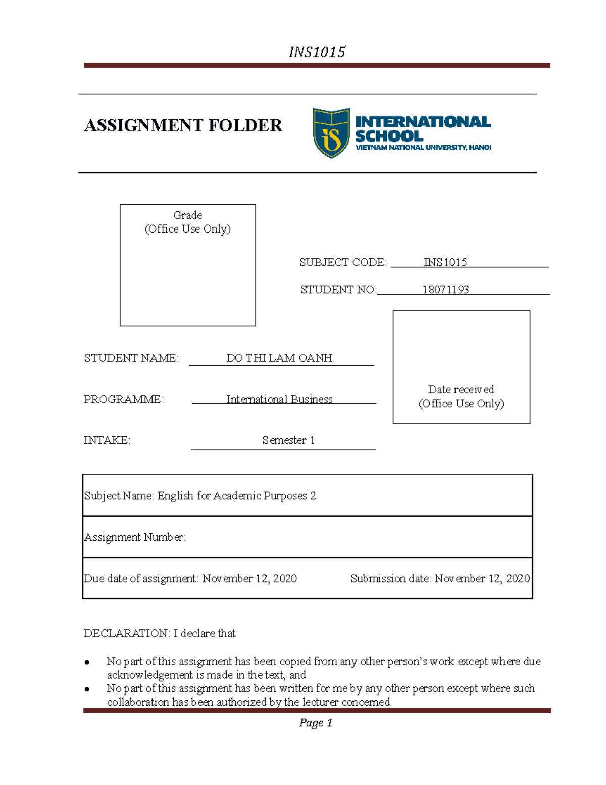 INSkghgchmb77979 - ASSIGNMENT FOLDER SUBJECT CODE: INS STUDENT NO ...