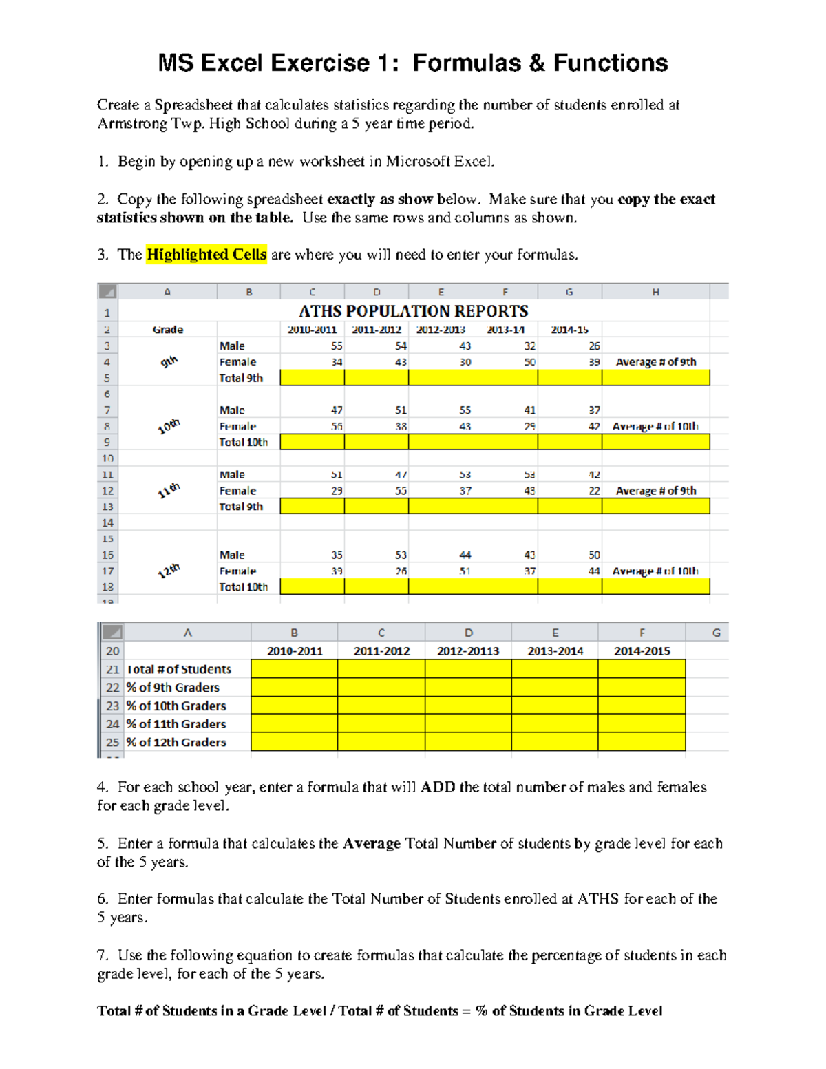 Ms excel 1-3 - Activity - MS Excel Exercise 1: Formulas & Functions ...