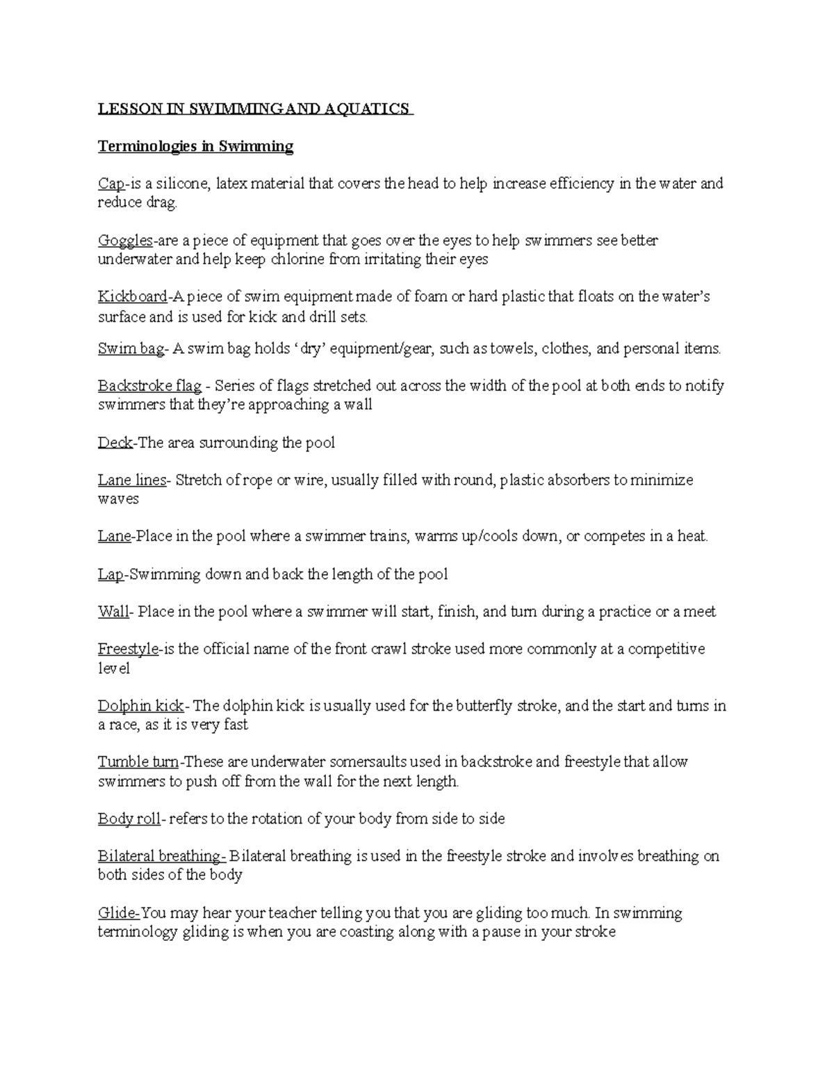 Lesson IN Swimming AND Aquatics LESSON IN SWIMMING AND AQUATICS