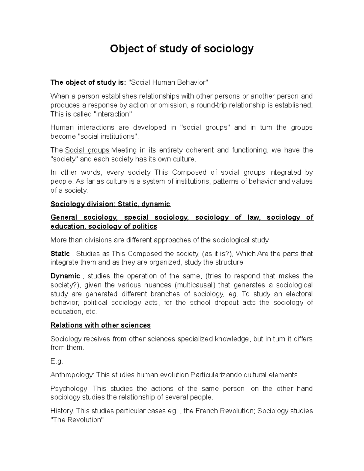 Object of study of sociology - The Social groups Meeting in its ...
