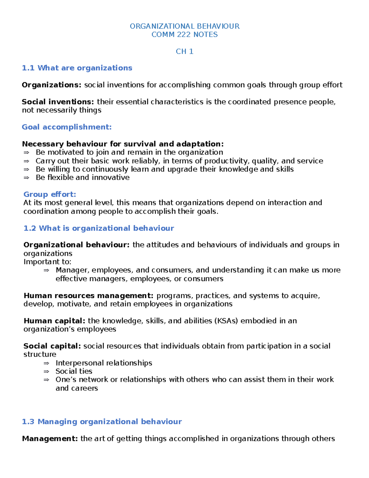 COMM 222 Notes - ORGANIZATIONAL BEHAVIOUR COMM 222 NOTES CH 1 1 What ...