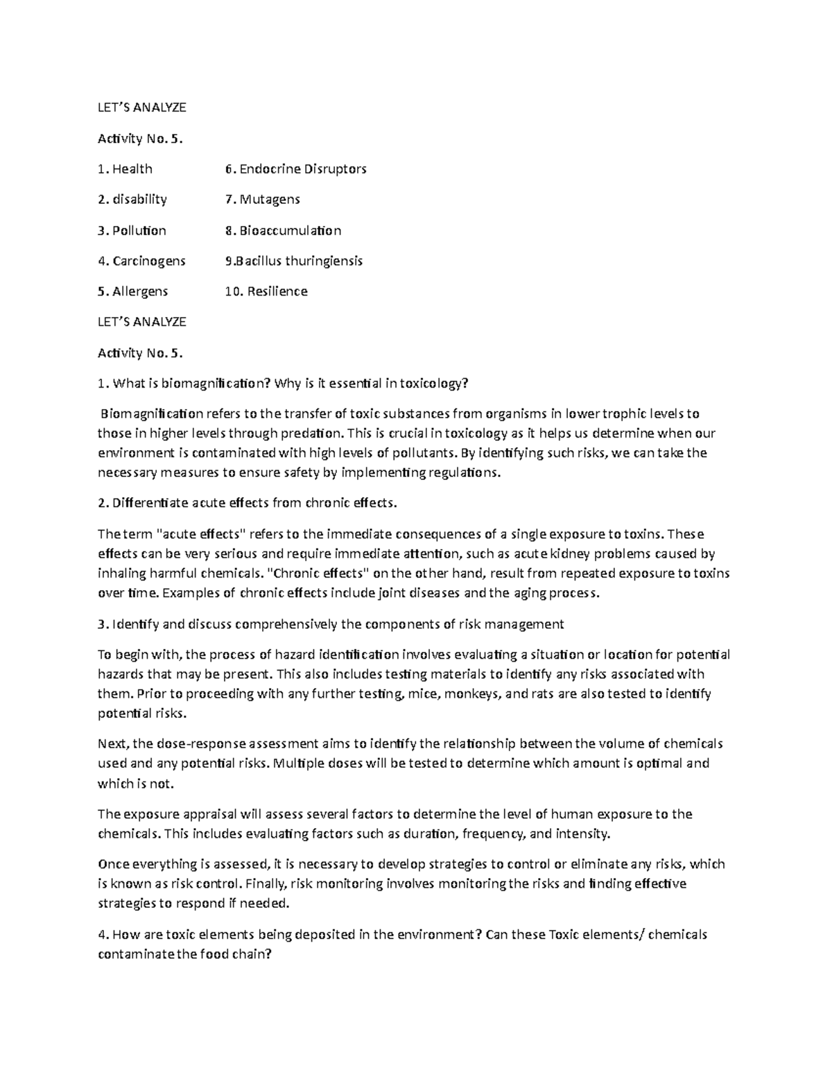 Activity 5 - N/a - LET’S ANALYZE Activity No. 5. Health disability ...