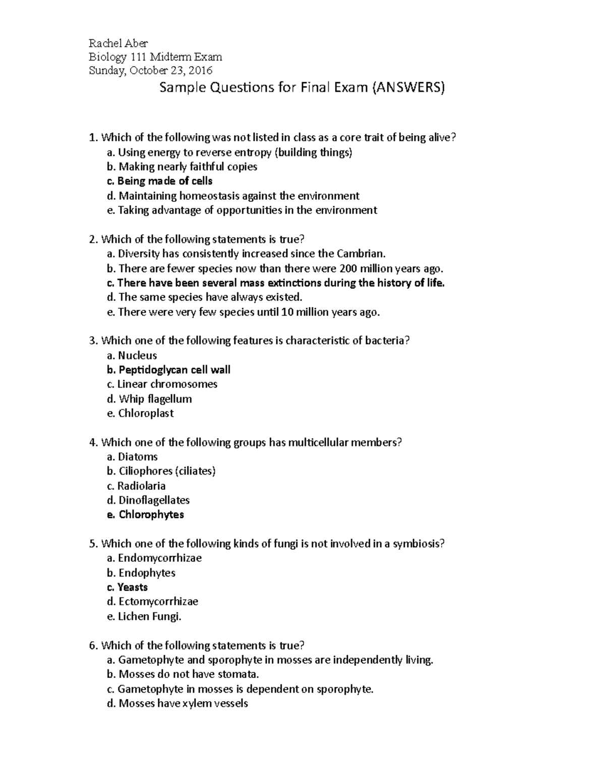 Midterm, questions and answers - Rachel Aber Biology 111 Midterm Exam ...