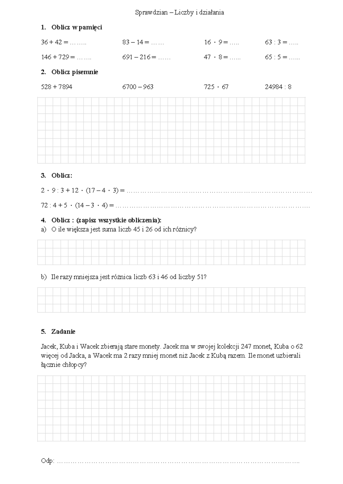 Liczby I Działania Kl 7 Sprawdzian