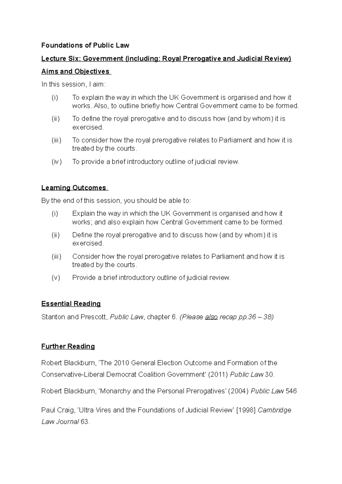 Lecture 6 Public LAW - Foundations of Public Law Lecture Six ...