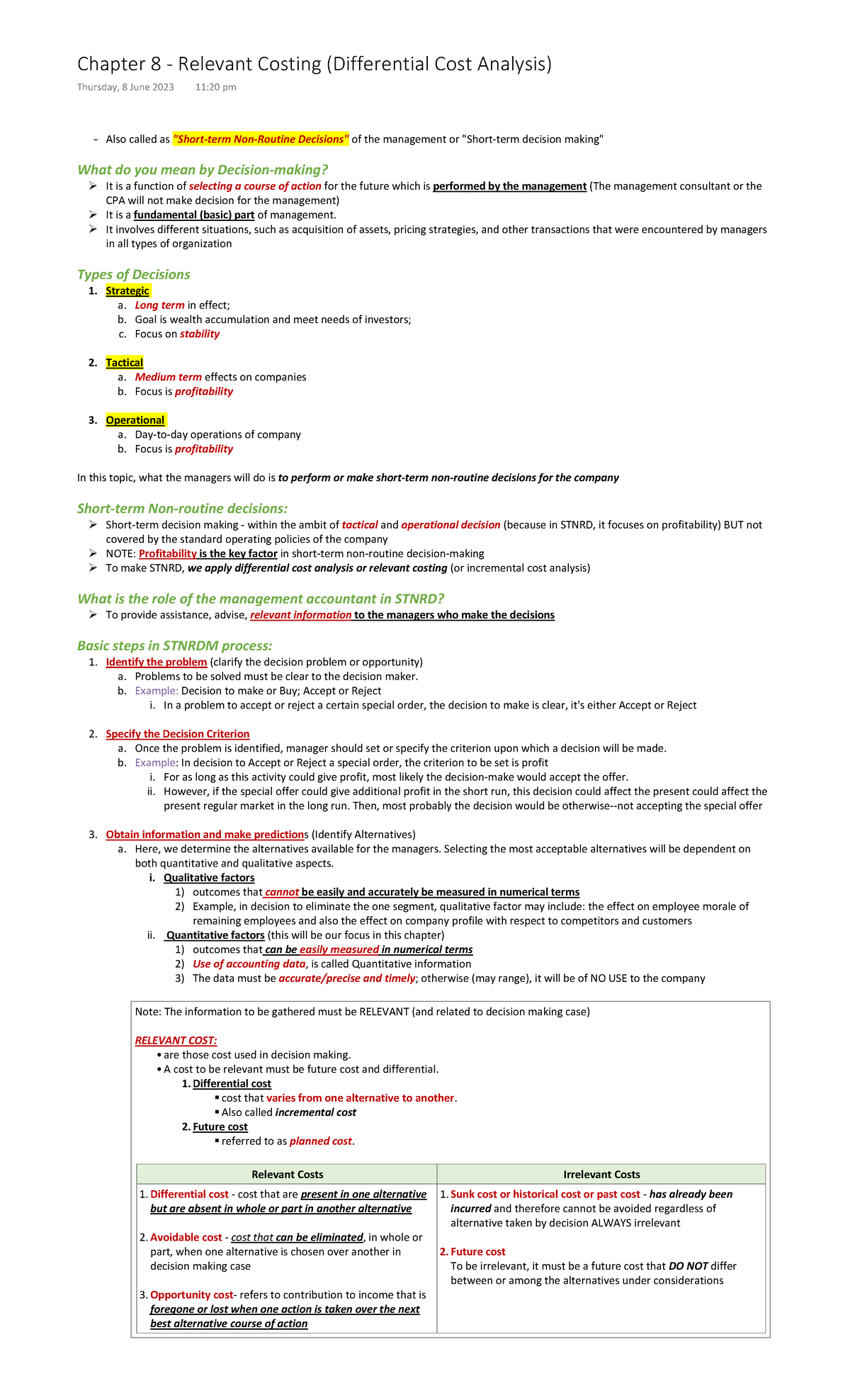 Notes chapter 8 relevant costing - Accountancy - Studocu