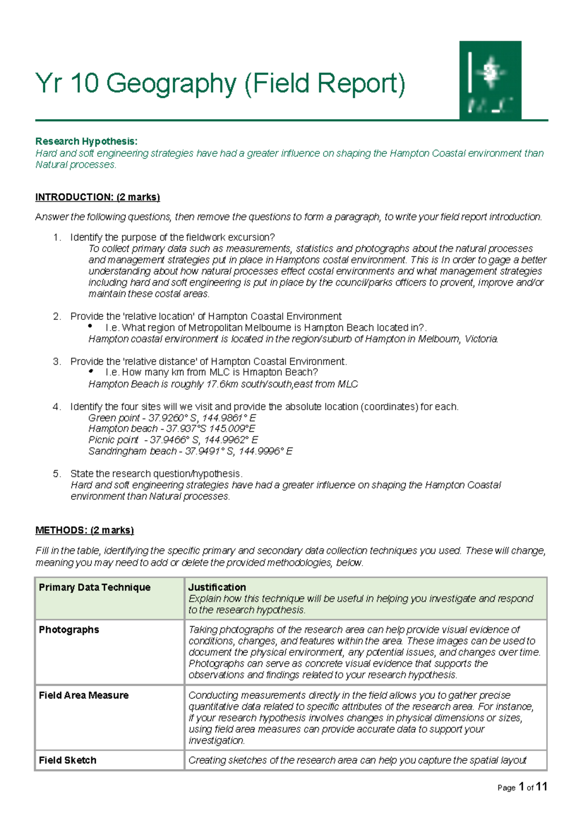 Y10 Geography Field Report Yr 10 Geography (Field Report) Research