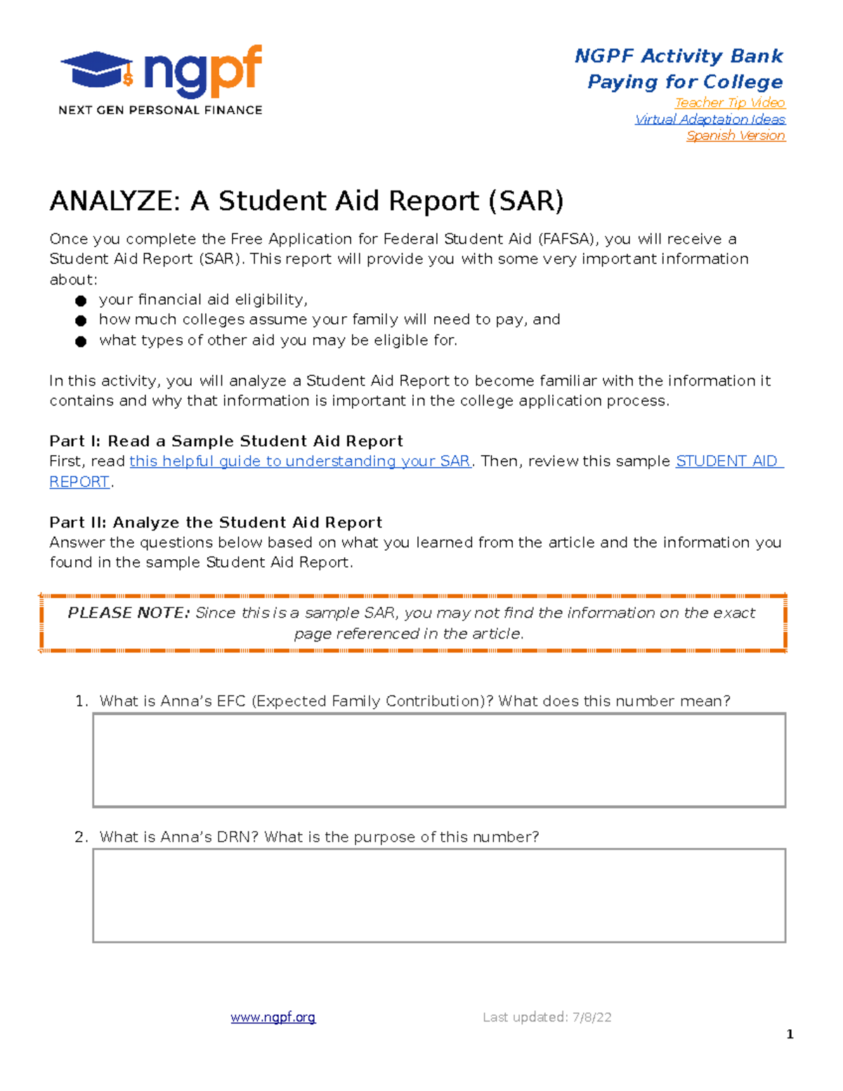 Analyze A Student Aid Report (SAR) NGPF Activity Bank Paying for College Teacher Tip Video