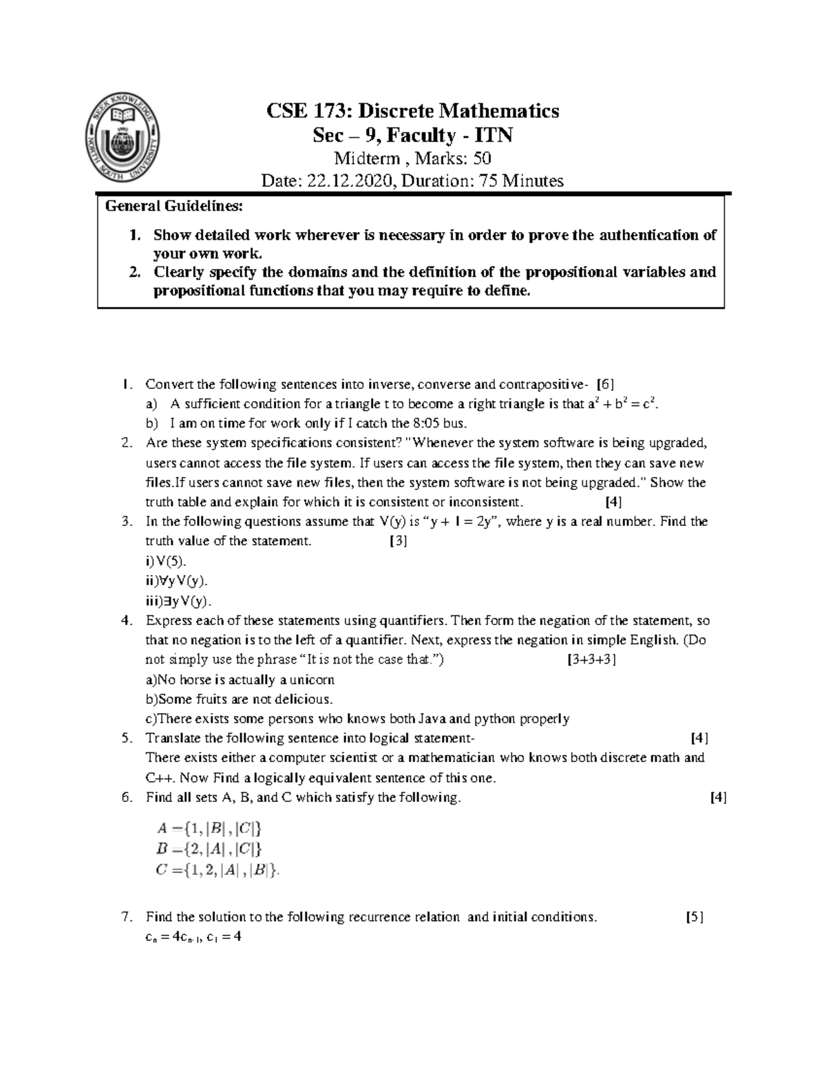Exam 22 December Winter 2020, questions - CSE 1 73 : Discrete ...