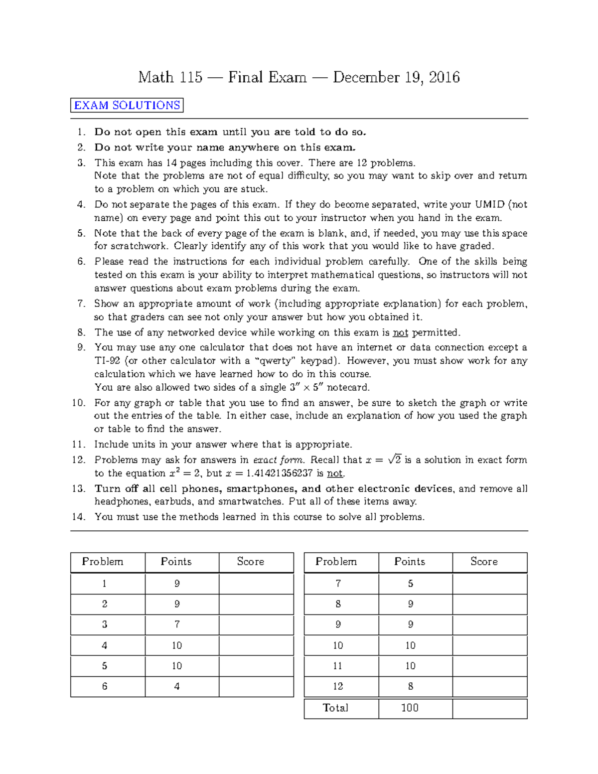 Calc Final practice - Math 115 — Final Exam — December 19, 2016 EXAM ...