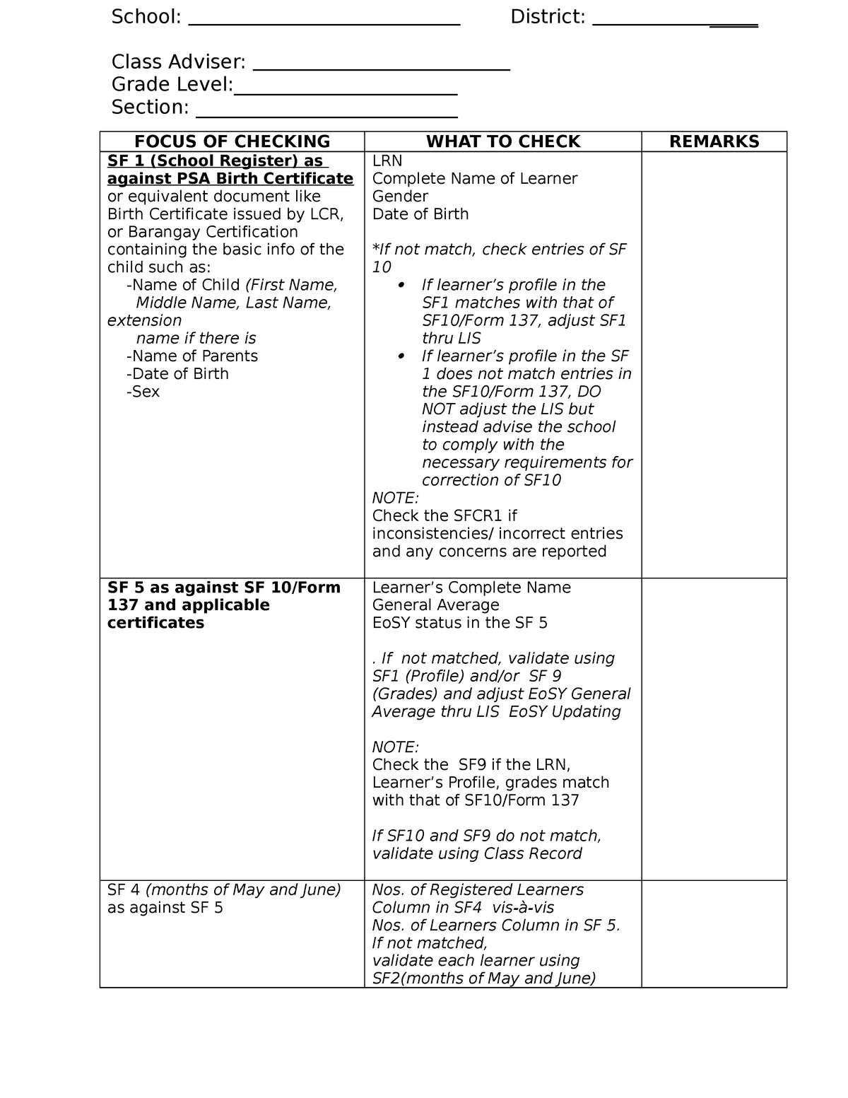 Focus-OF- Checking - none - SCHOOL FORMS CHECKING REPORT PER CLASS ...