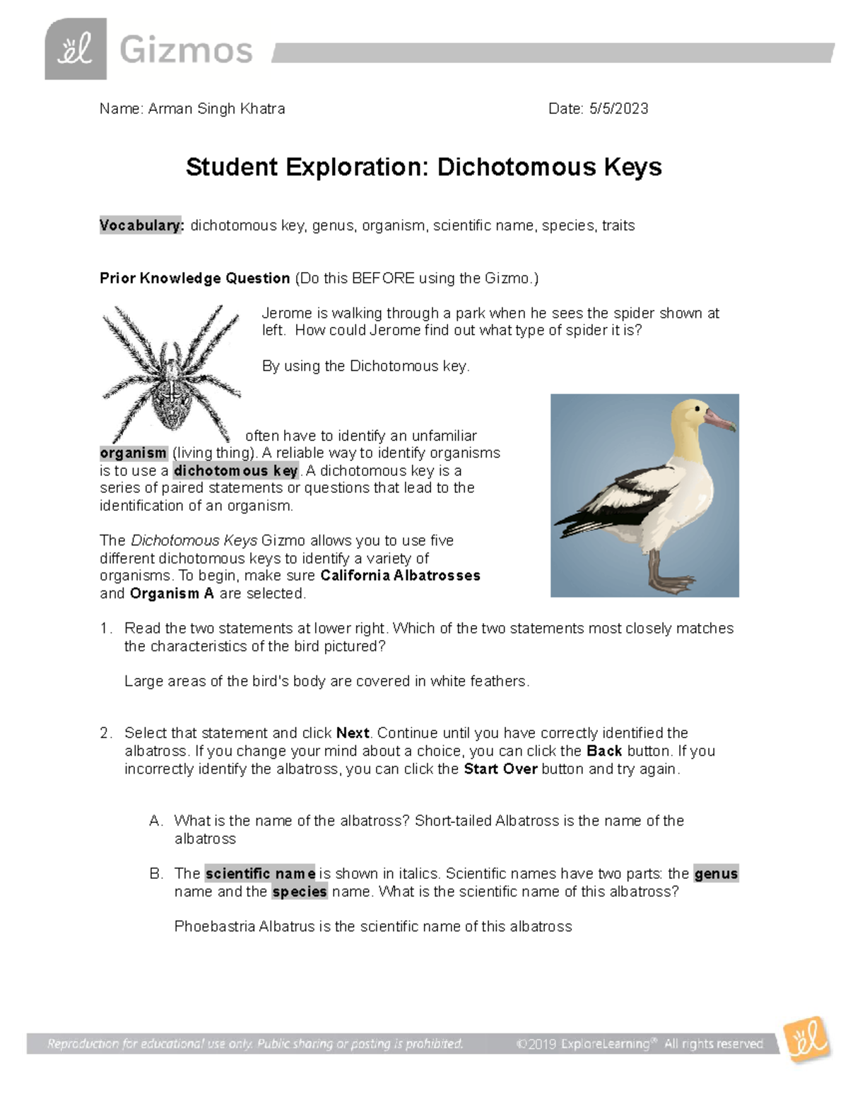 1.1 Dichotomous Keys SE - Name: Arman Singh Khatra Date: 5/5/ Student ...