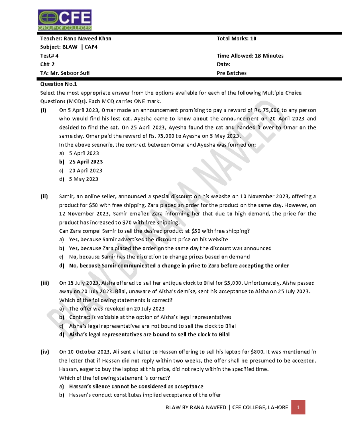 CH#2 TEST 3B Sol - BLAW BY RANA NAVEED | CFE COLLEGE, LAHORE 1 Question ...