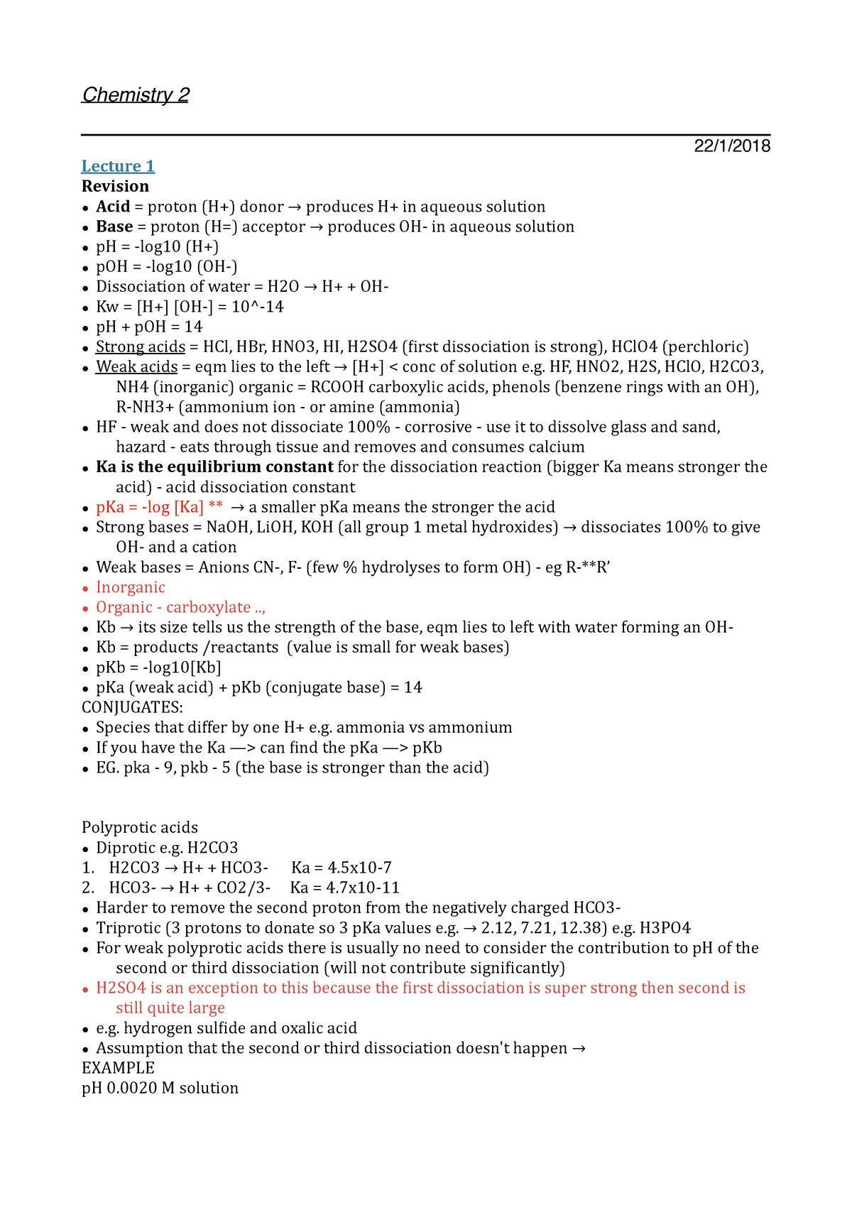 Chem2 - Lecture Notes 1-4 - Chemistry 2 22/1/2018 Lecture 1 Revision ...