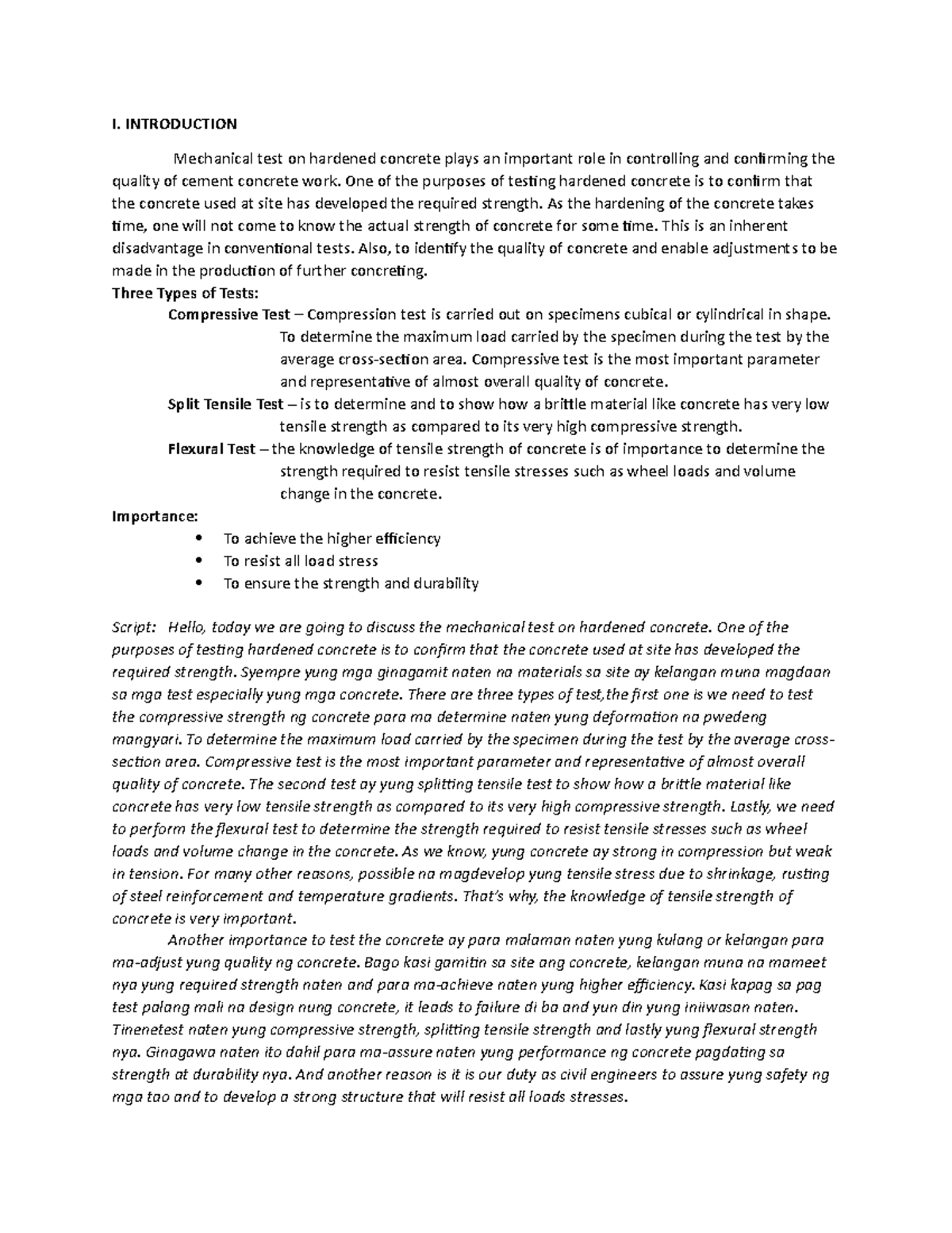 Ce141 L Reporting - I. Introduction Mechanical Test On Hardened 