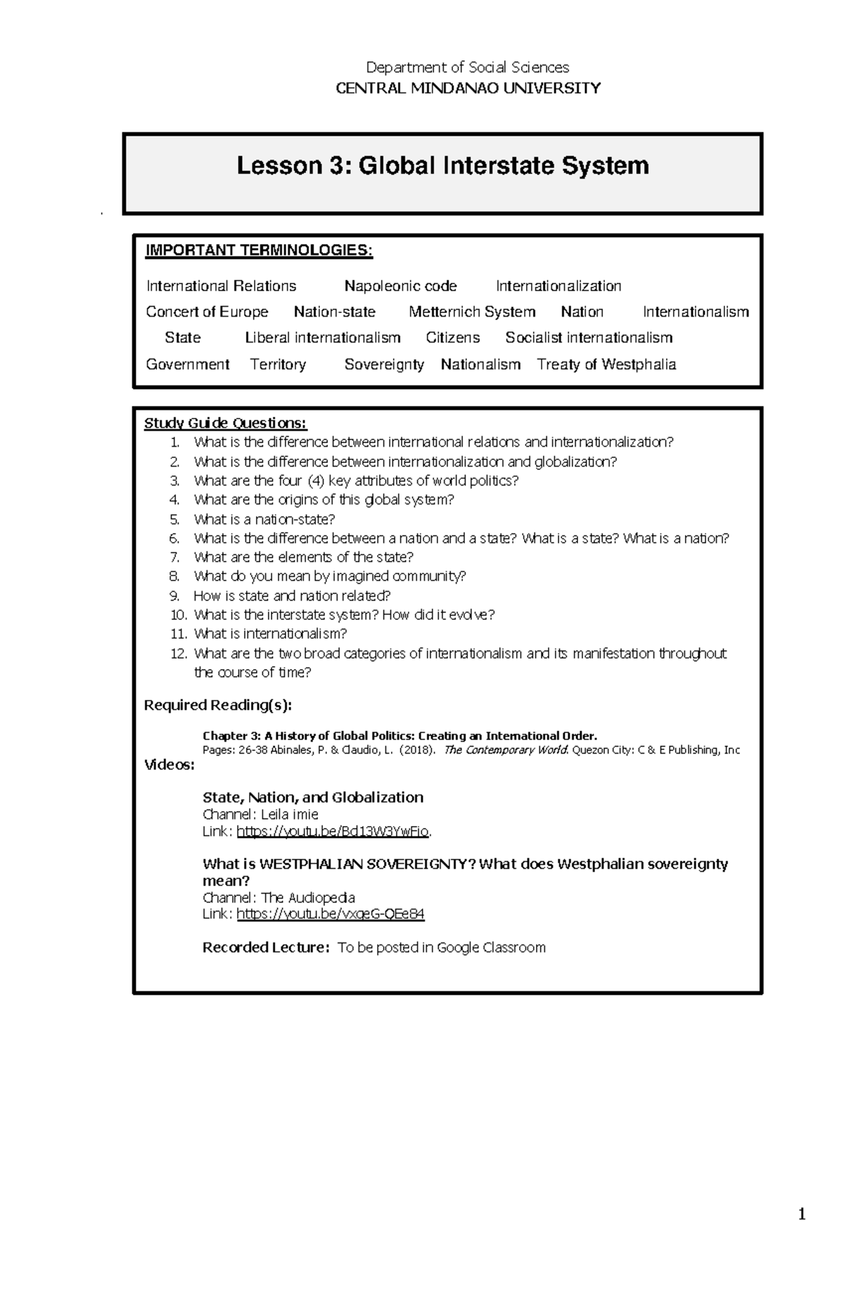 Lesson 3 Lecture Notes 1 Department of Social Sciences CENTRAL