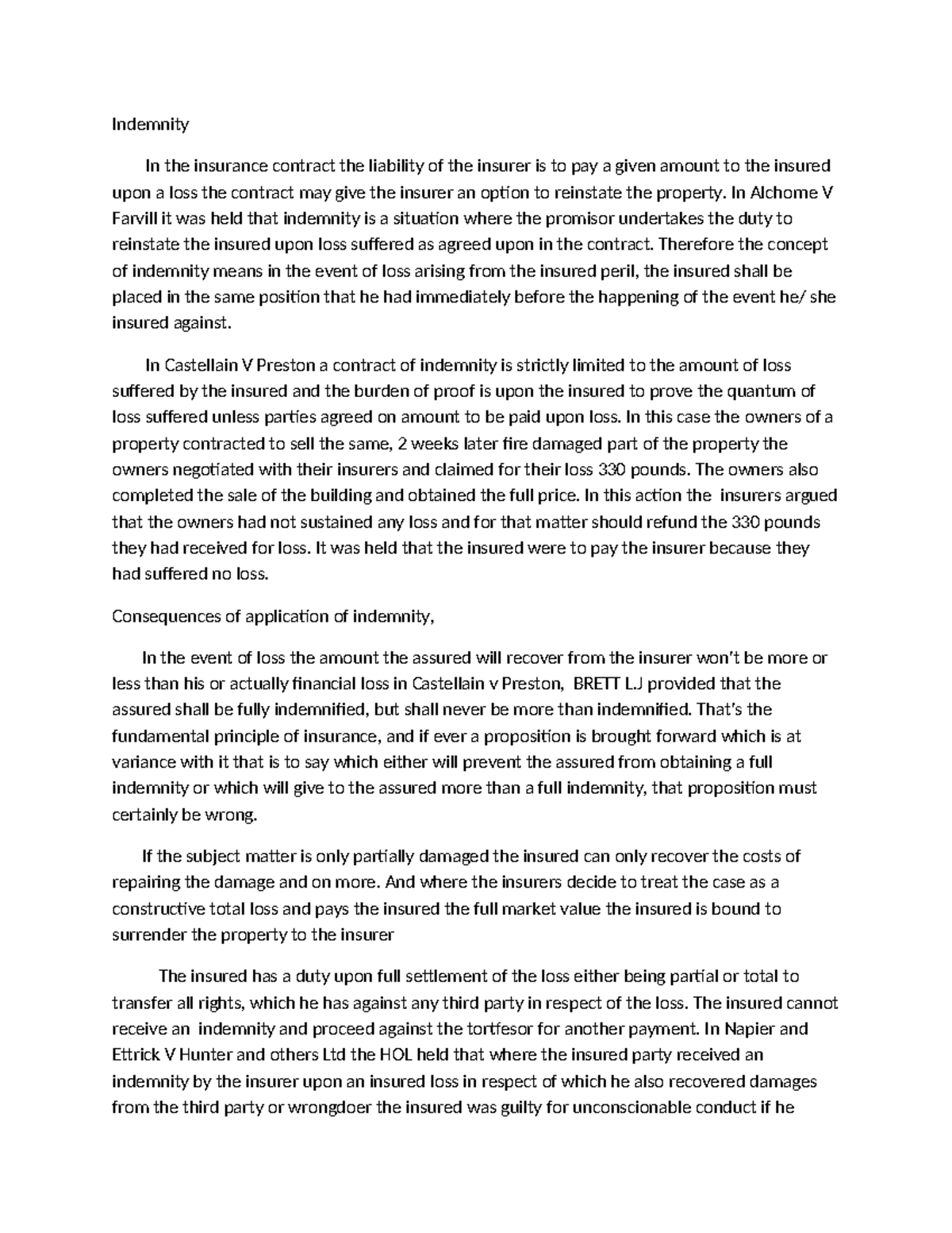 Indemnity subrogation and types Indemnity In the insurance contract