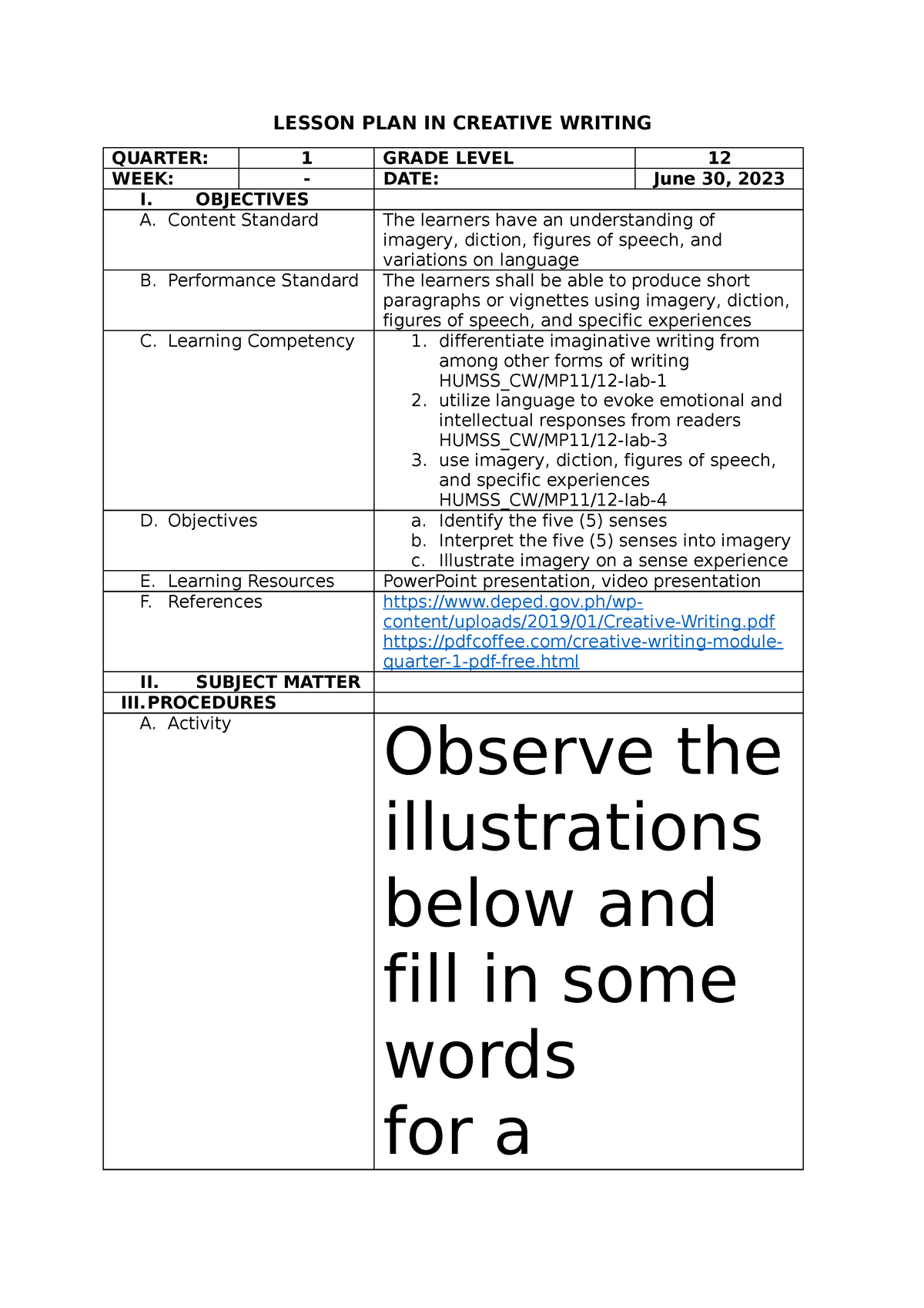 creative writing planning lesson