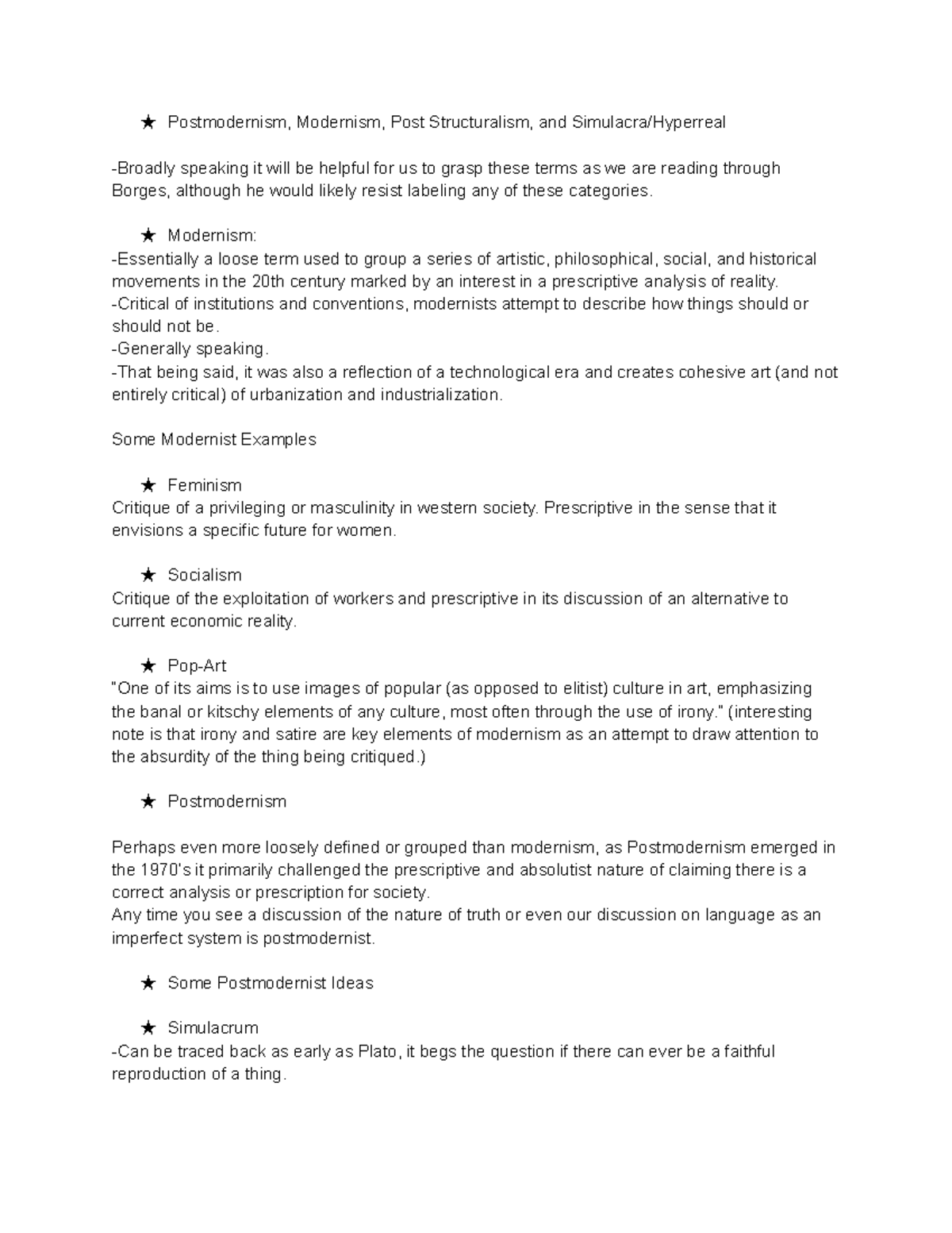 Postmodernism, Modernism, Post Structuralism Notes ★ Modernism