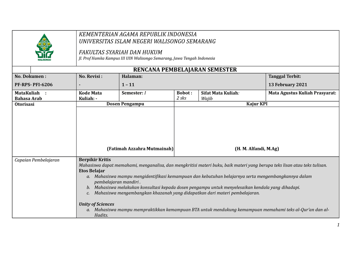 RPS Bahasa Arab Semester 2 - KEMENTERIAN AGAMA REPUBLIK INDONESIA ...