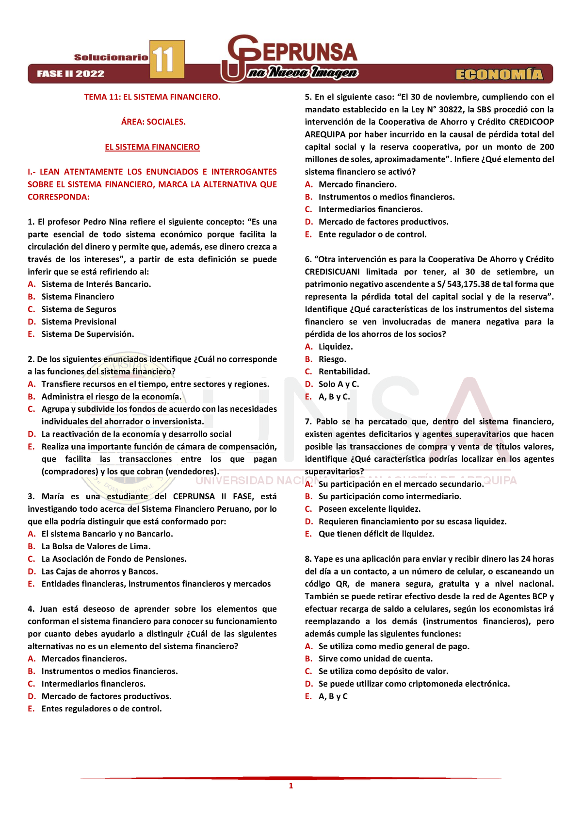 07 Economía Practica 11 Ceprunsa 2022 II Fase - TEMA 11 : EL SISTEMA ...