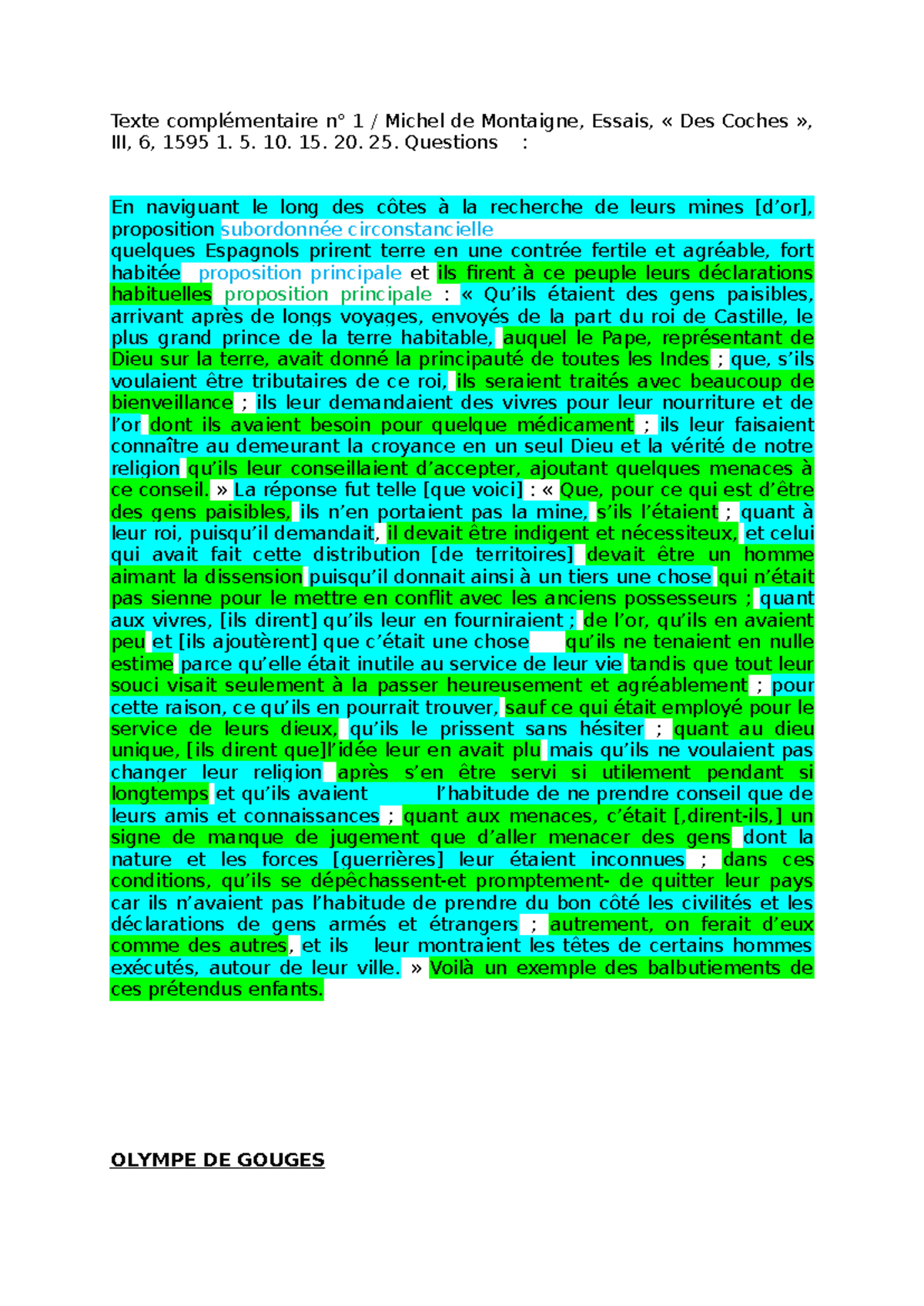 Français propositions - Texte complémentaire n° 1 / Michel de Montaigne ...
