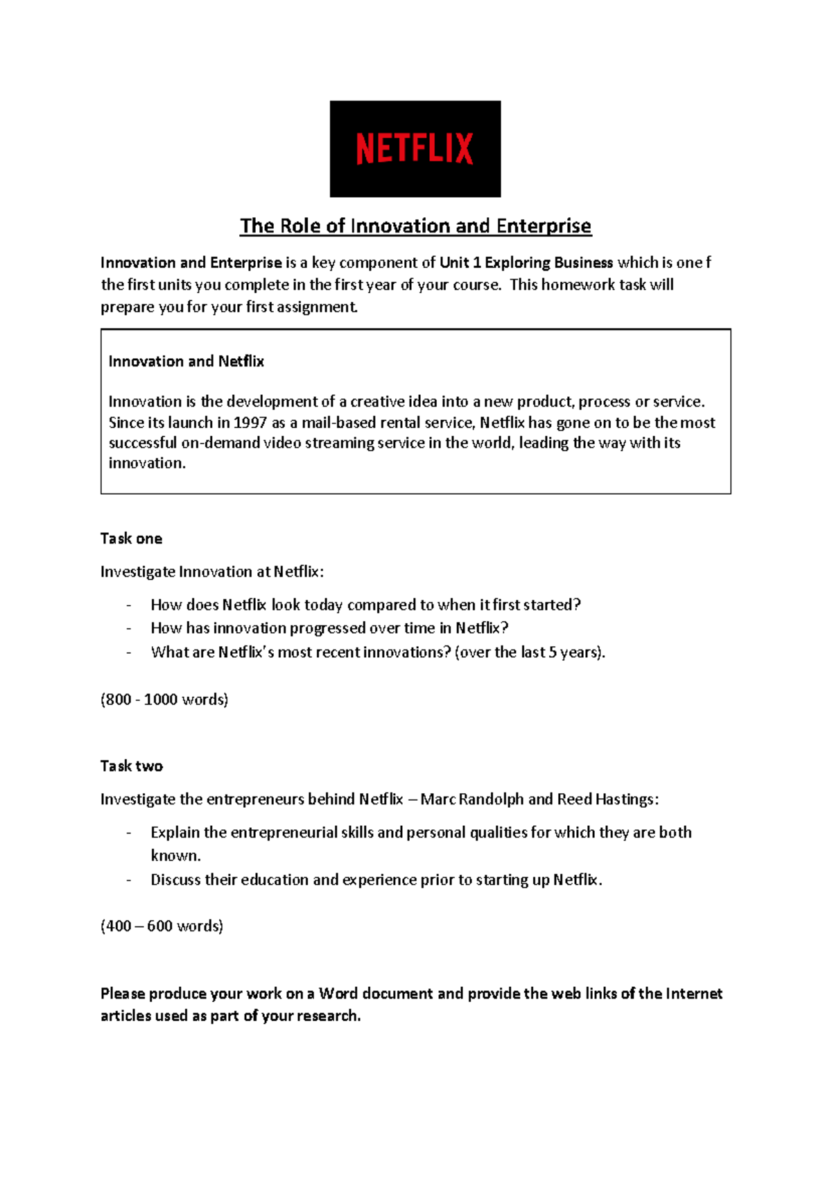 Wtcd 2023 btec business - The Role of Innovation and Enterprise ...
