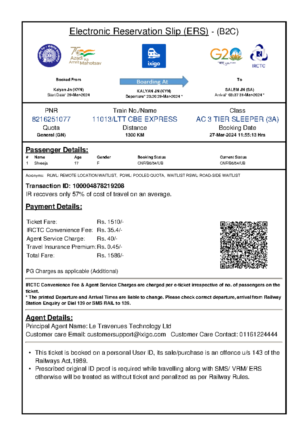 8216251077 - Electronic Reservation Slip (ERS) - (B2C) Booked From 