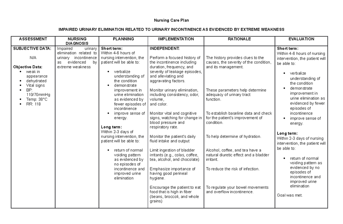 Impaired-Urinary-Elimination A nursing care plan - Nursing Care Plan IMPAIRED  URINARY ELIMINATION - Studocu