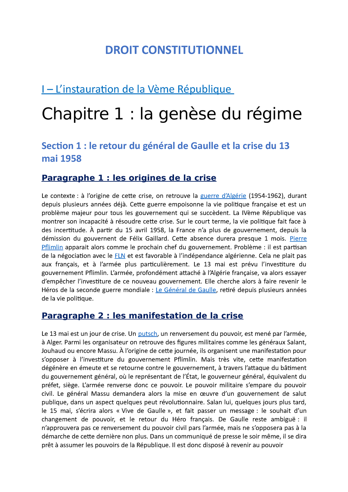 S DC chapitre DROIT CONSTITUTIONNEL I Linstauration de la Vème République Chapitre