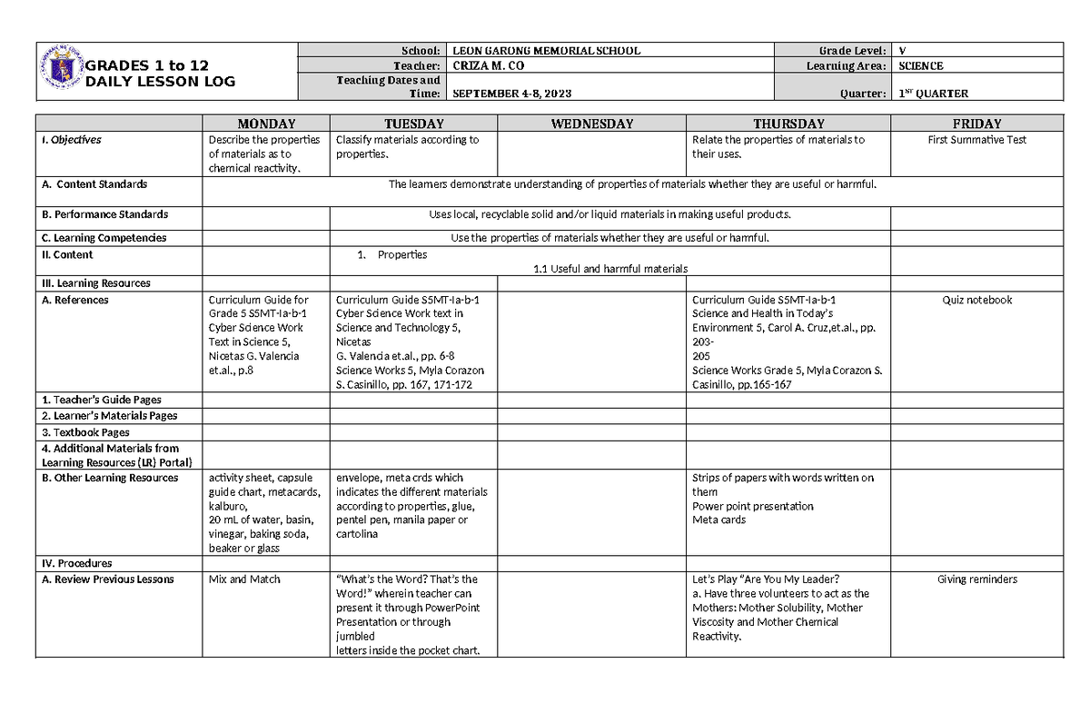 DLL Science 5 Q1 W2 - OTHER - GRADES 1 to 12 DAILY LESSON LOG School ...