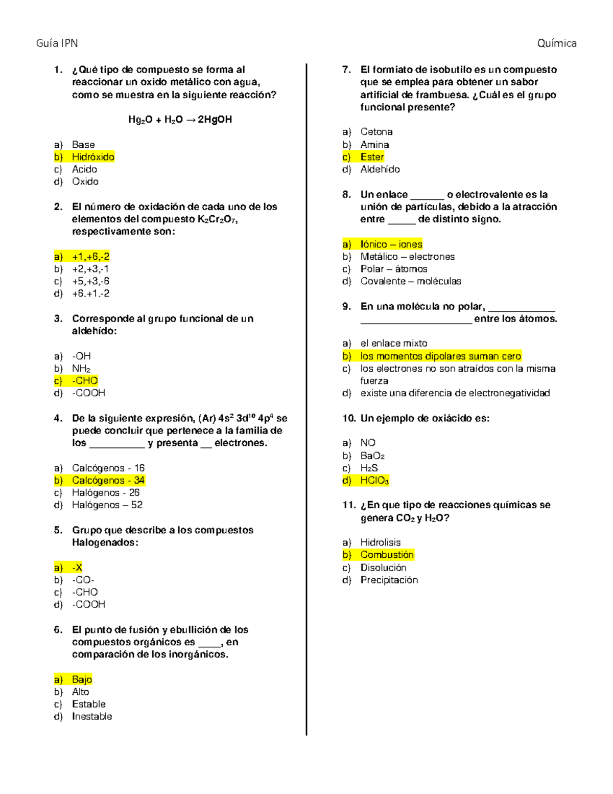 Guía IPN Quimica guía de examen para universidad ¿Qué tipo de