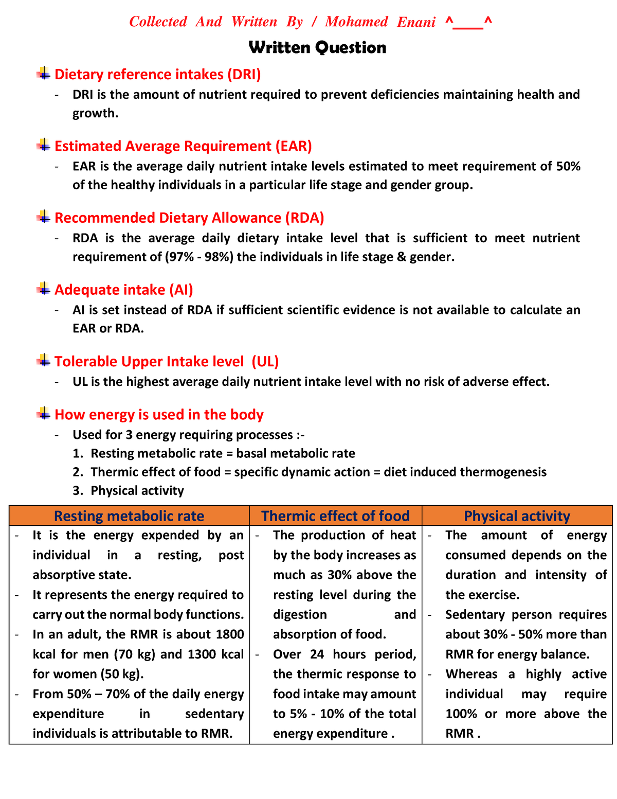 Nutrition Questions - Written Question Dietary Reference Intakes (DRI ...