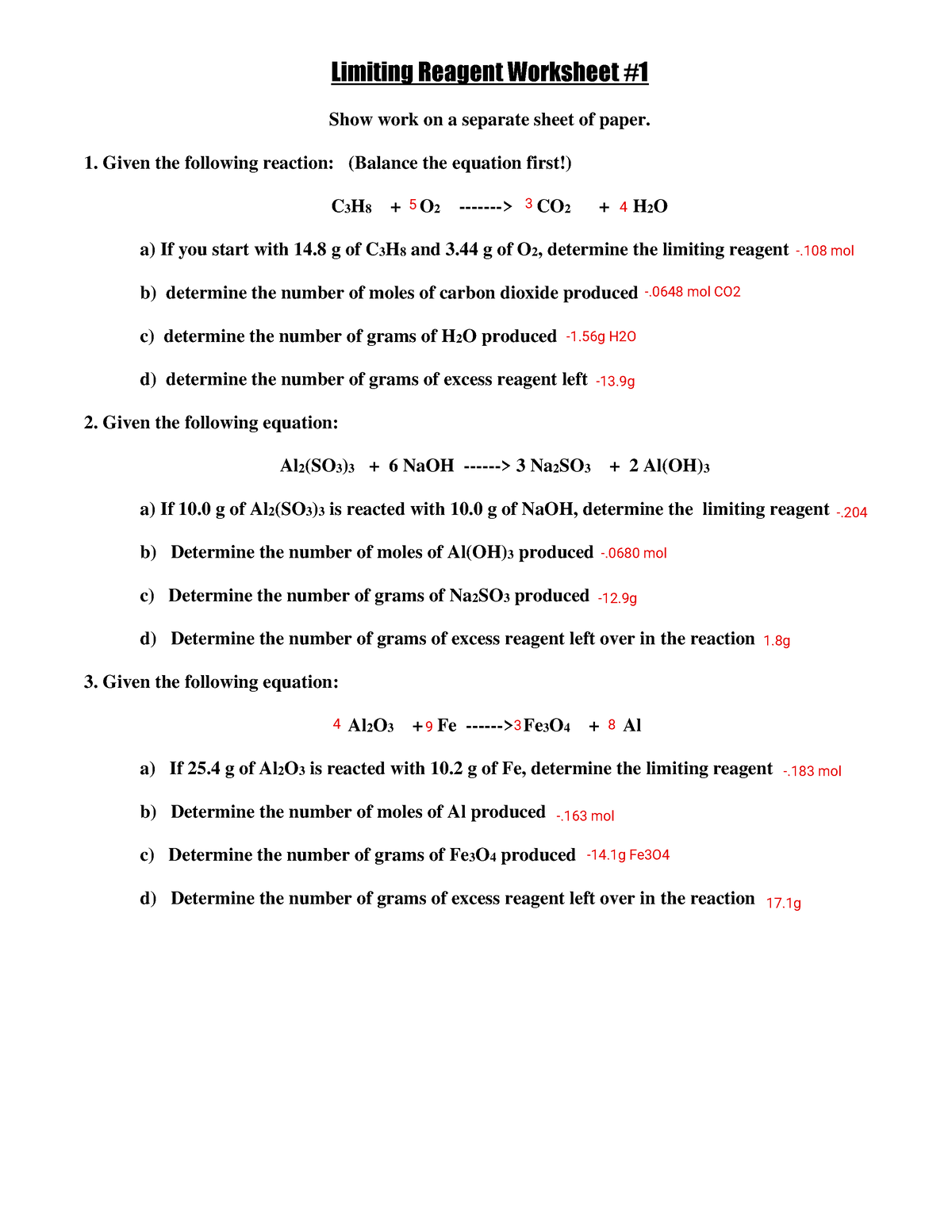 Limiting Reagent Worksheets #1 - Limiting Reagent Worksheet Show work ...