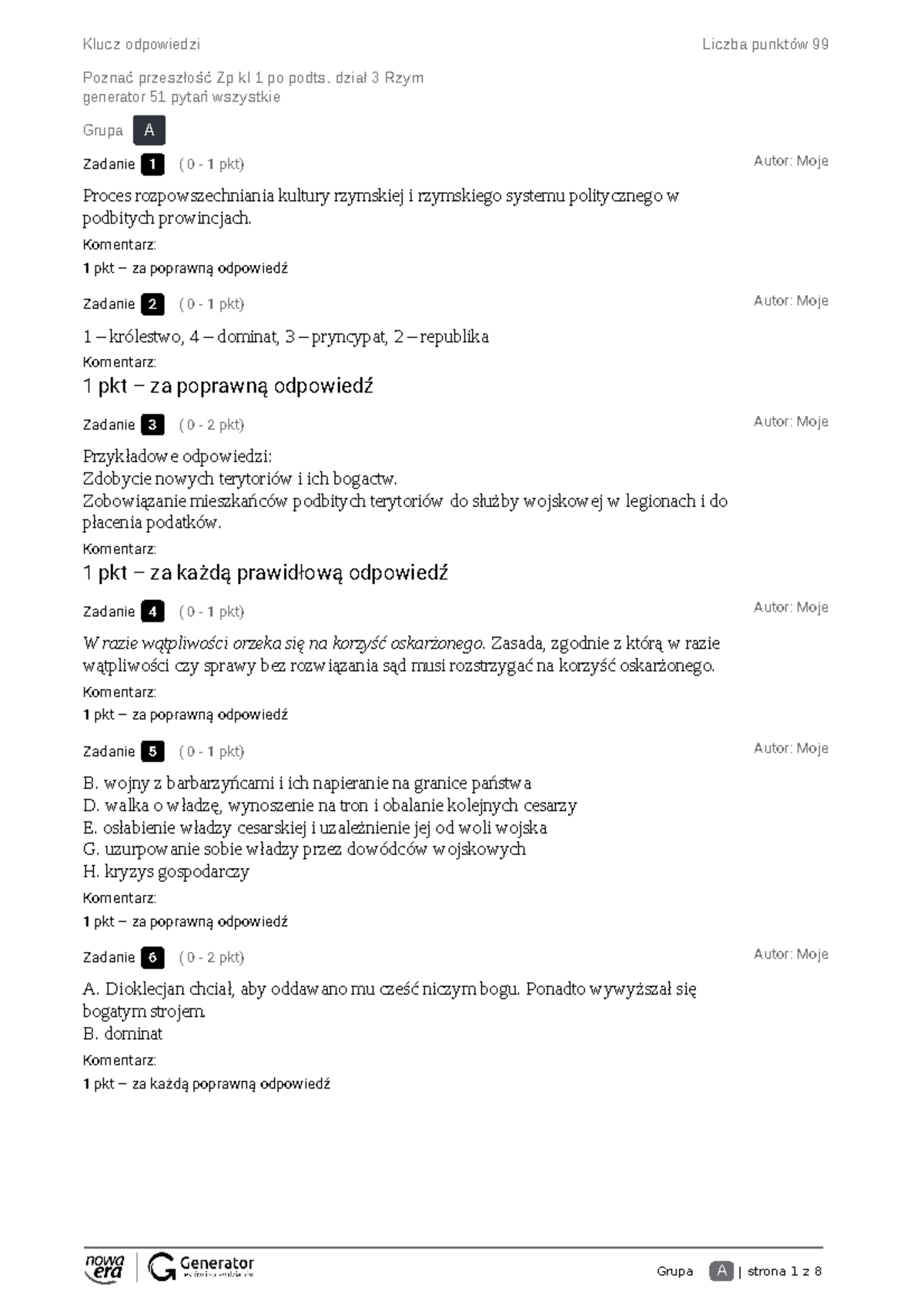 Rozdział 3 Starożytny Rzym PP Klucz odpowiedzi - Grupa A | strona 1 z 8