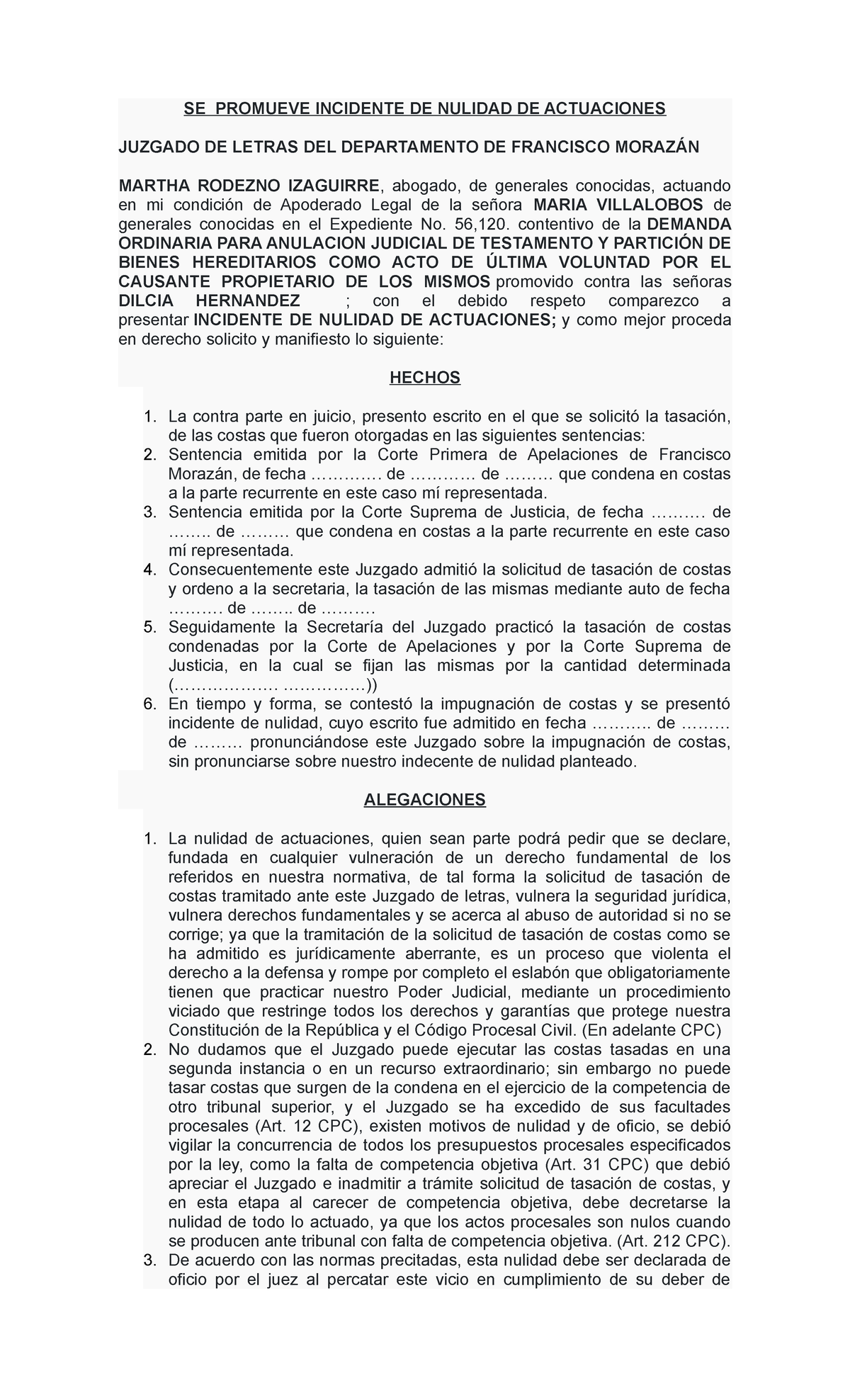 Formato Solicitud Nulidad Testamento - SE PROMUEVE INCIDENTE DE NULIDAD ...