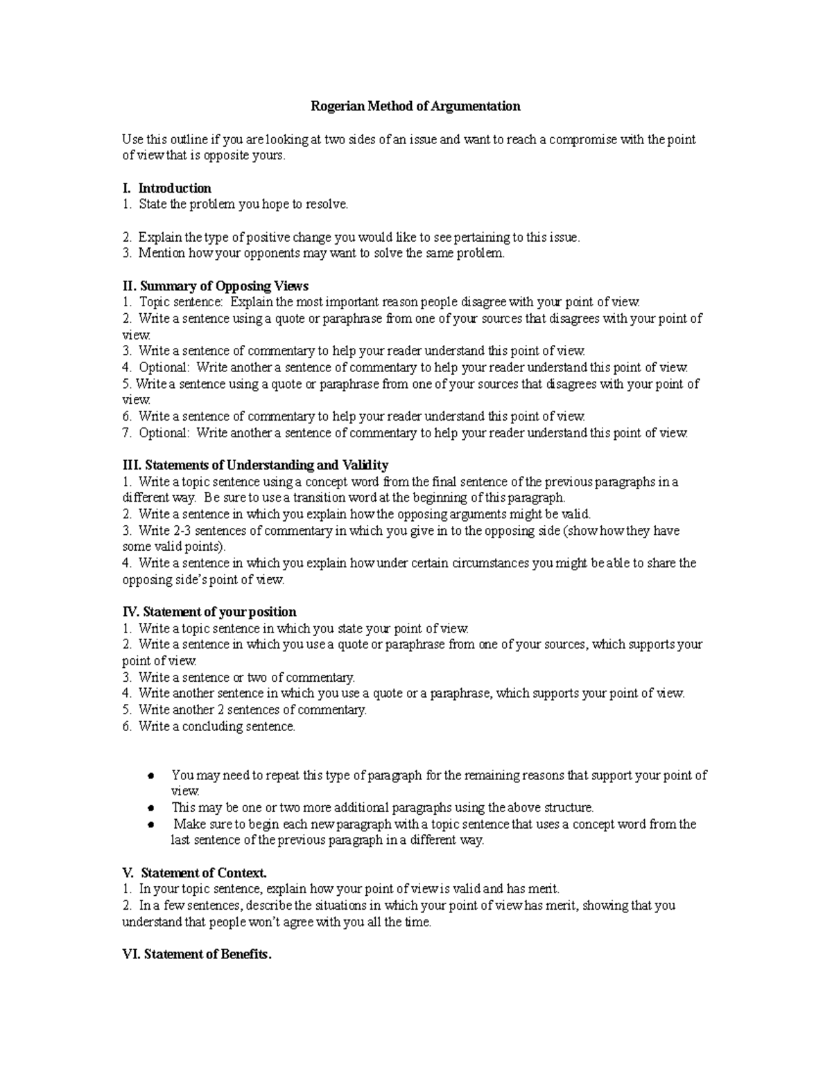 Rogerian Method of Argumentation - I. Introduction State the problem ...