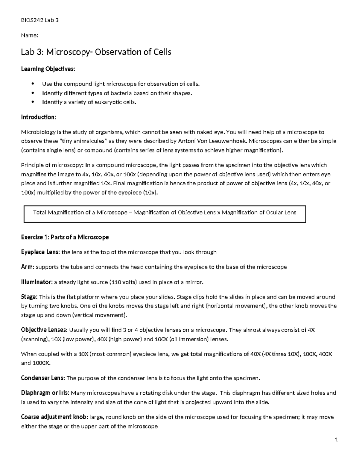 BIOS242 Week 2 Lab 3 Microscopy lab-1-1 - Name: Lab 3: Microscopy ...