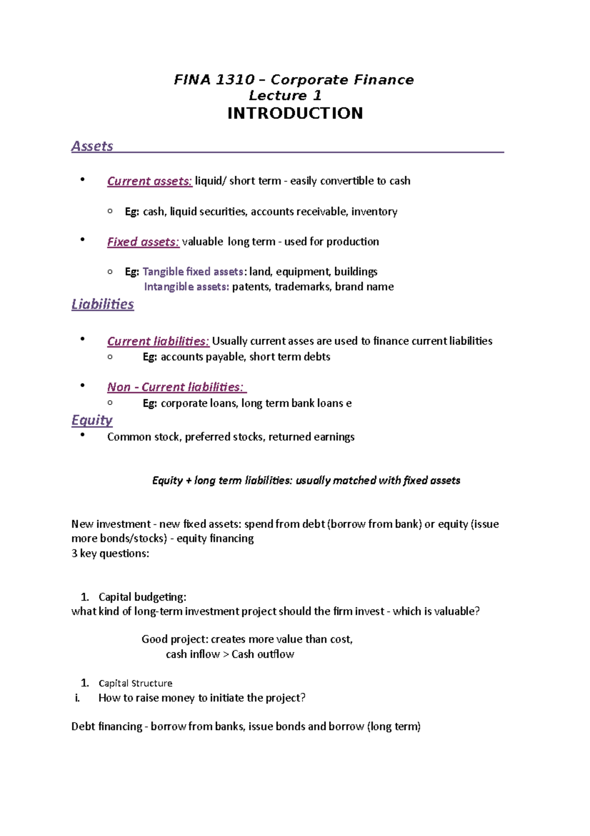 FINA 1310 Lecture 1 Notes_HKU_Ay 19/20 - FINA 1310 – Corporate Finance ...