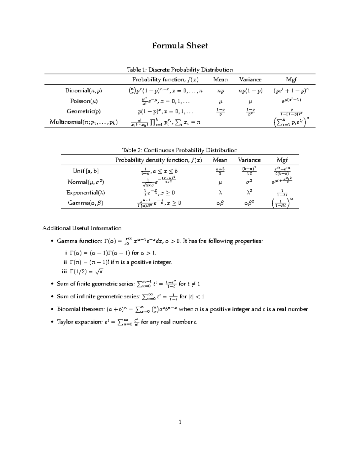 Formula sheet - Formula Sheet Table 1: Discrete Probability ...