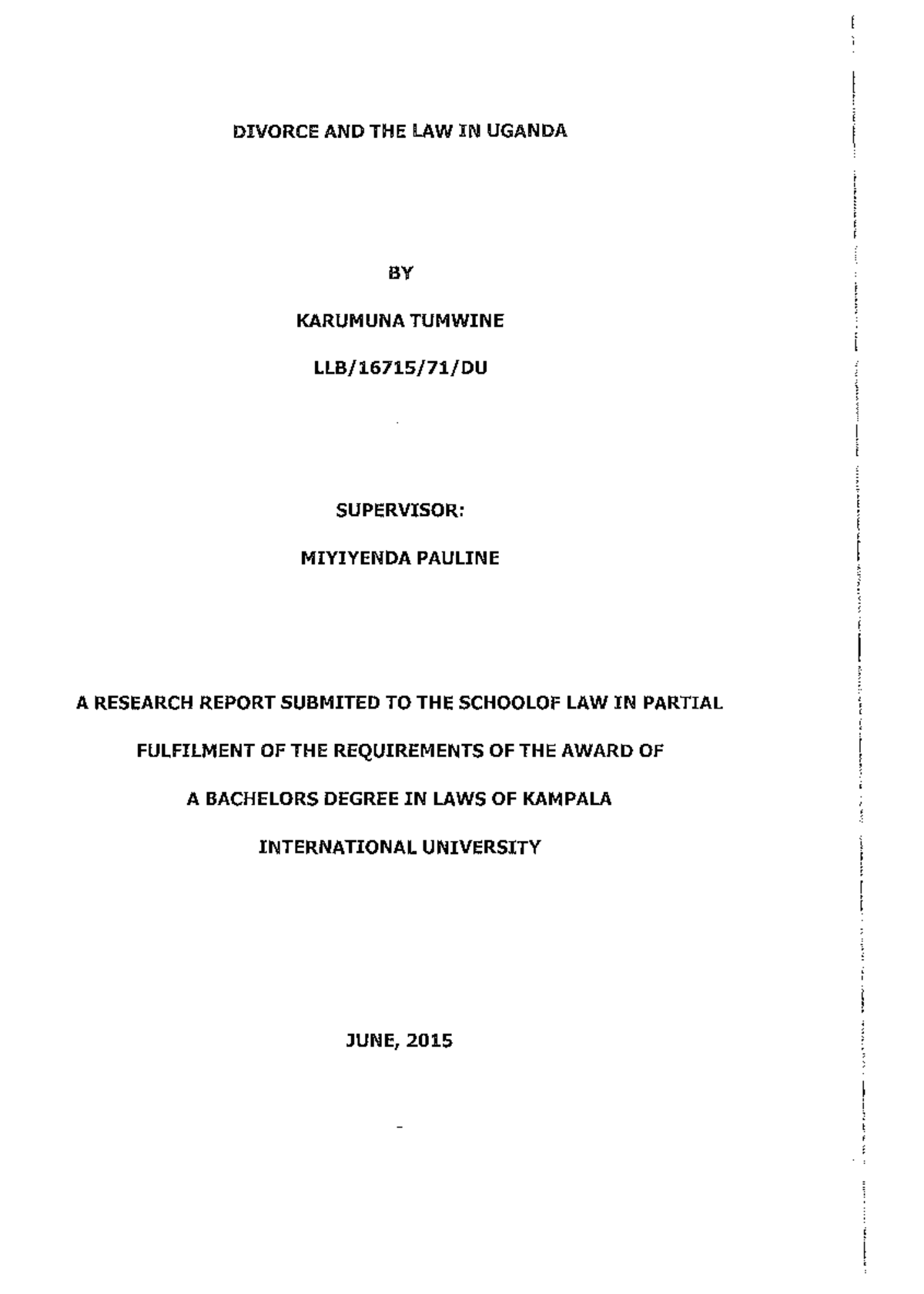 divorce research and notes DIVORCE AND THE LAW IN UGANDA BY KARUMUNA