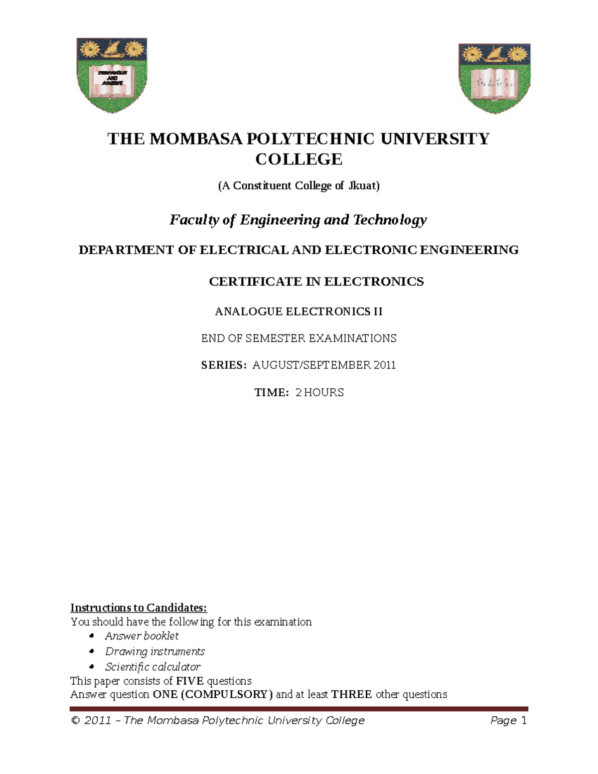 Analogue Electronics II - THE MOMBASA POLYTECHNIC UNIVERSITY COLLEGE (A ...