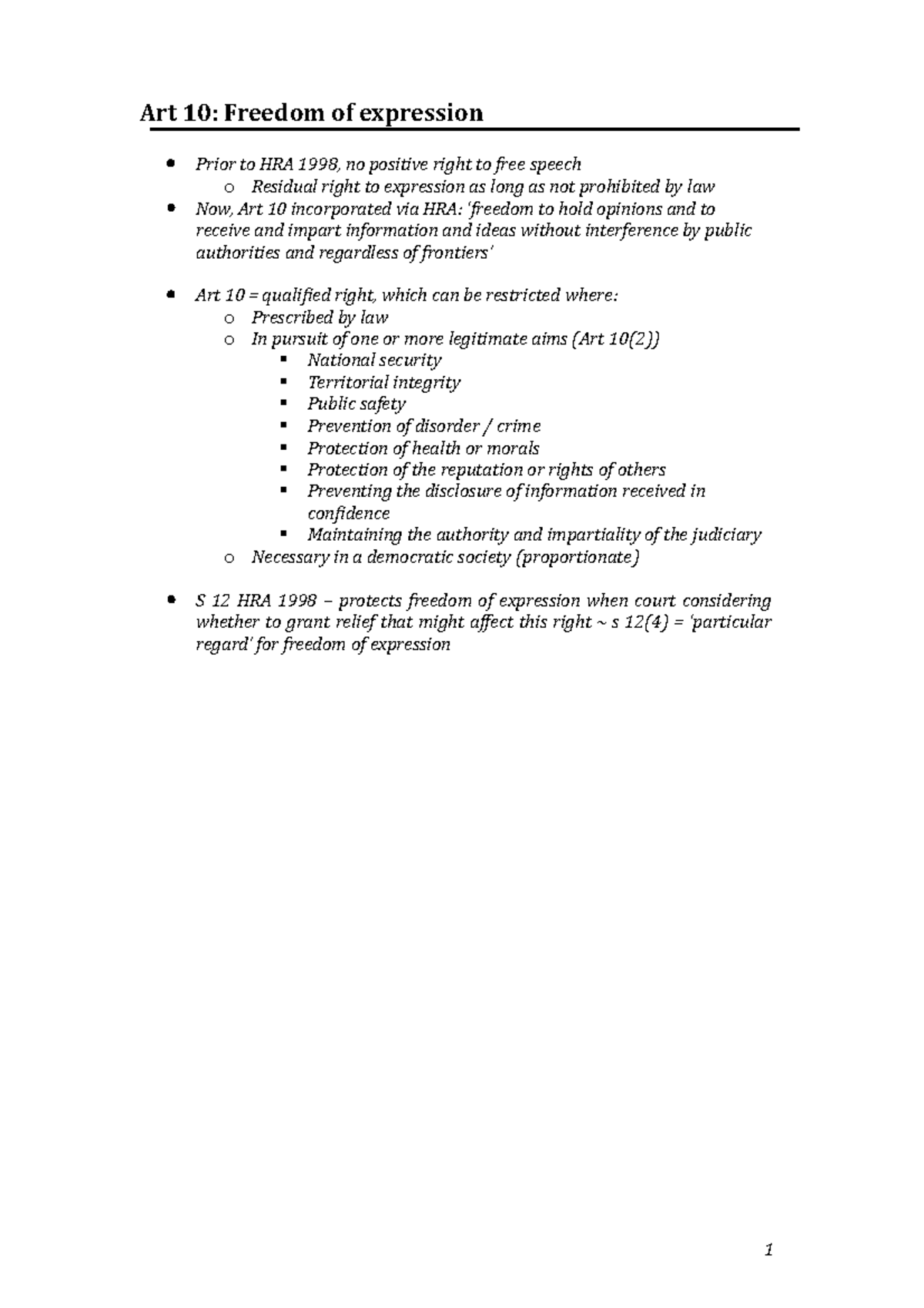 10 ECHR Article 10 (Freedom of Expression) - 1 Art 10: Freedom of ...