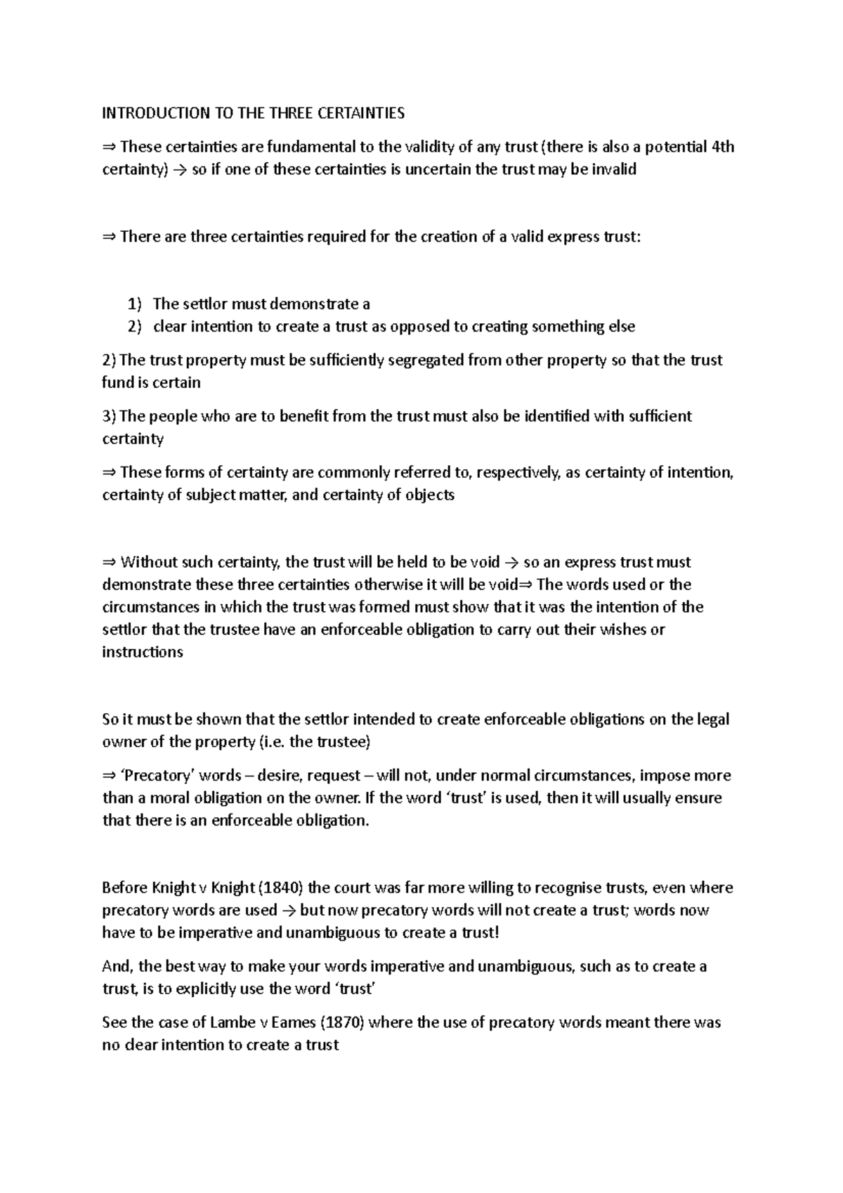 Equity 3 certainties notes - INTRODUCTION TO THE THREE CERTAINTIES ⇒ ...