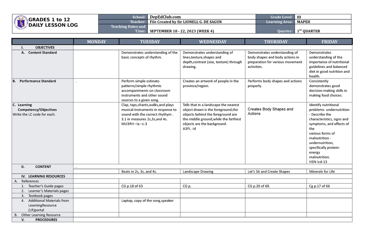 DLL Mapeh 3 Q1 W4 - Dll - GRADES 1 To 12 DAILY LESSON LOG School ...