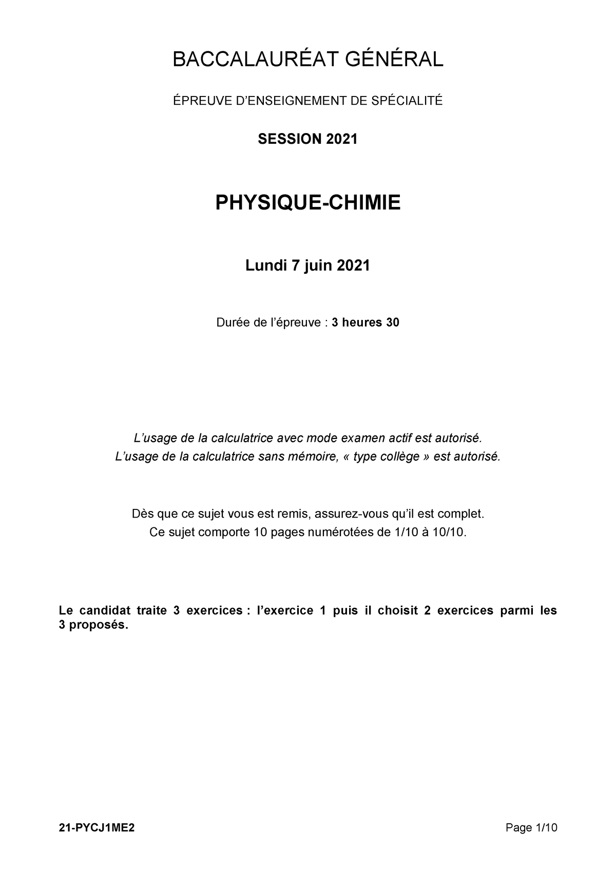 21-pycj1me - Exercice De Physique-chimie - BACCALAUR.. G...N ...